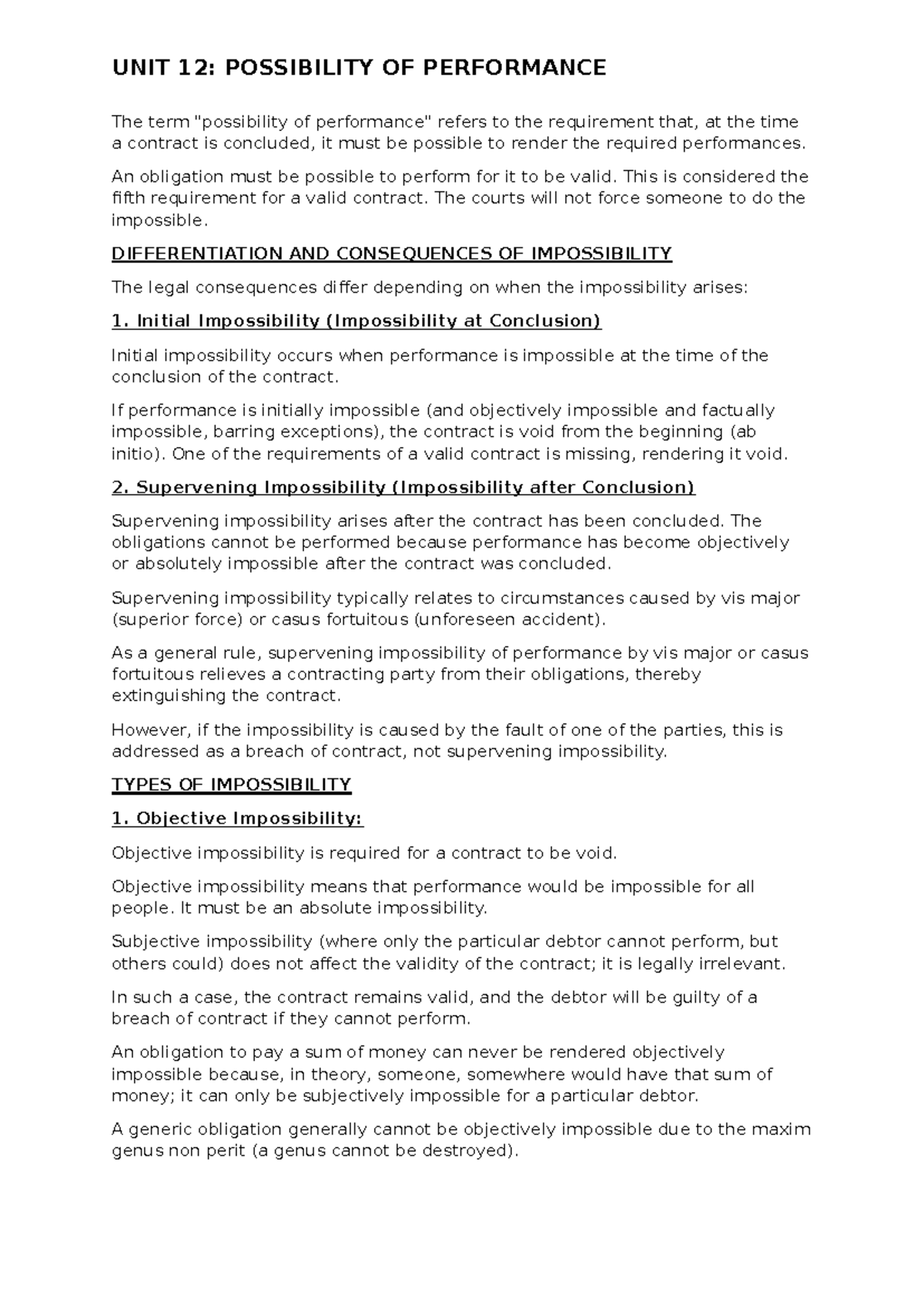 Unit 12: Possibility of Performance in Contract Law Notes - Studocu
