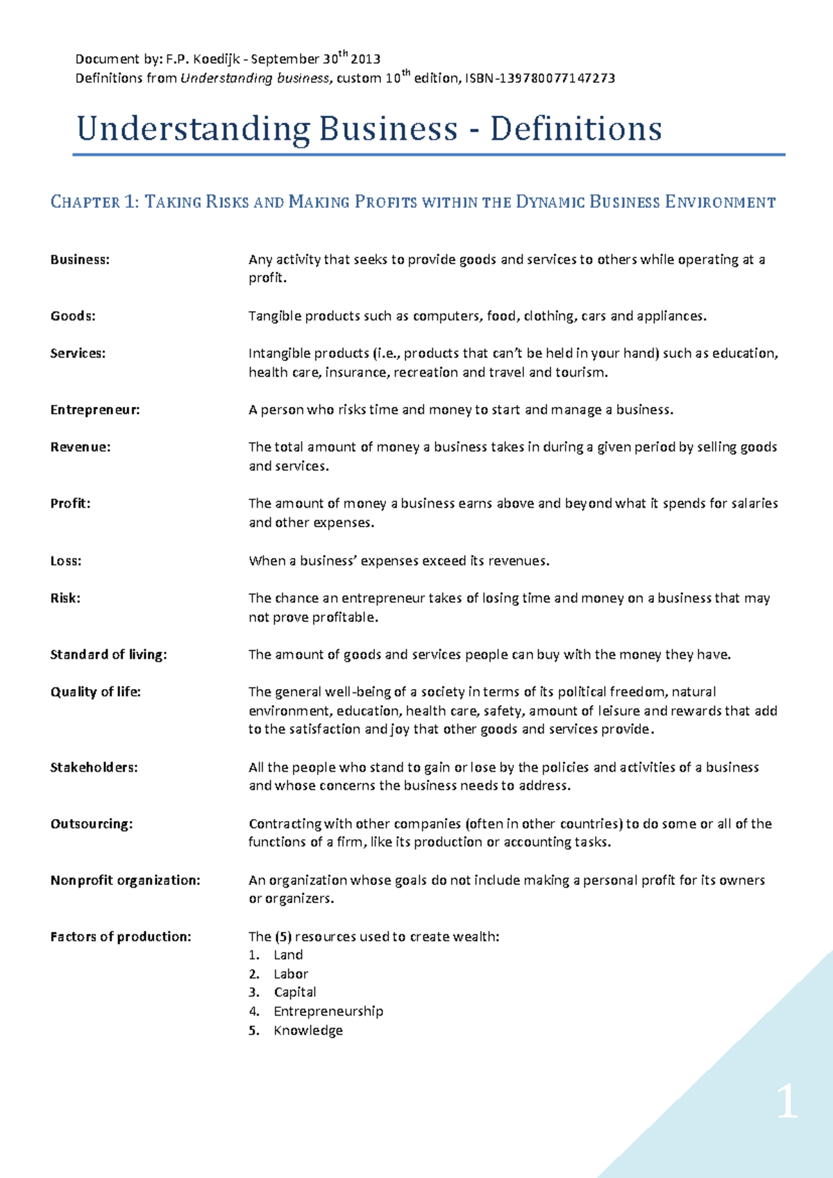 Definitions for Key Business Concepts - Understanding Business (Custom ...