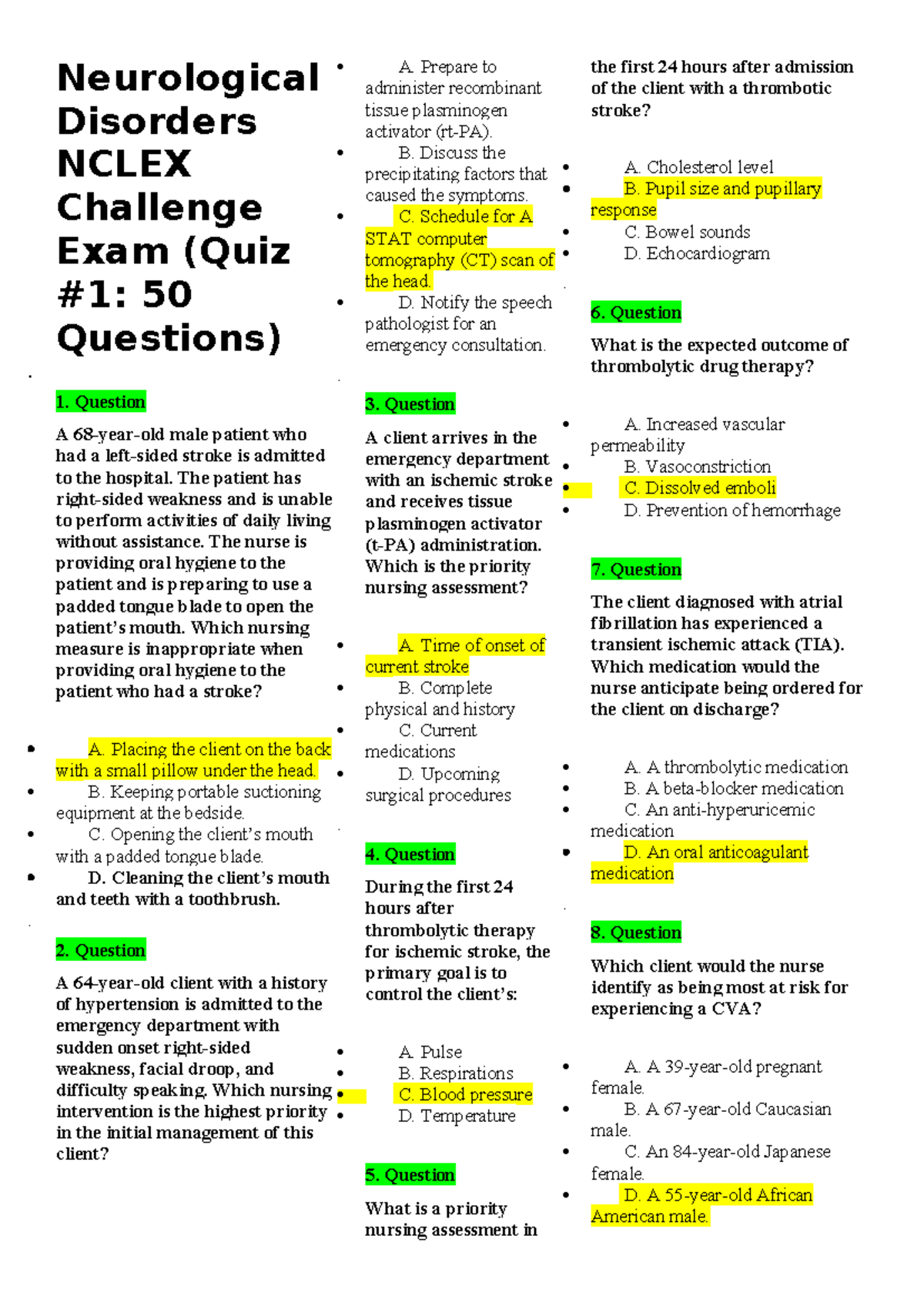 Neurological Disorders NCLEX Challenge Exam (Quiz 50 Questions) - Studocu