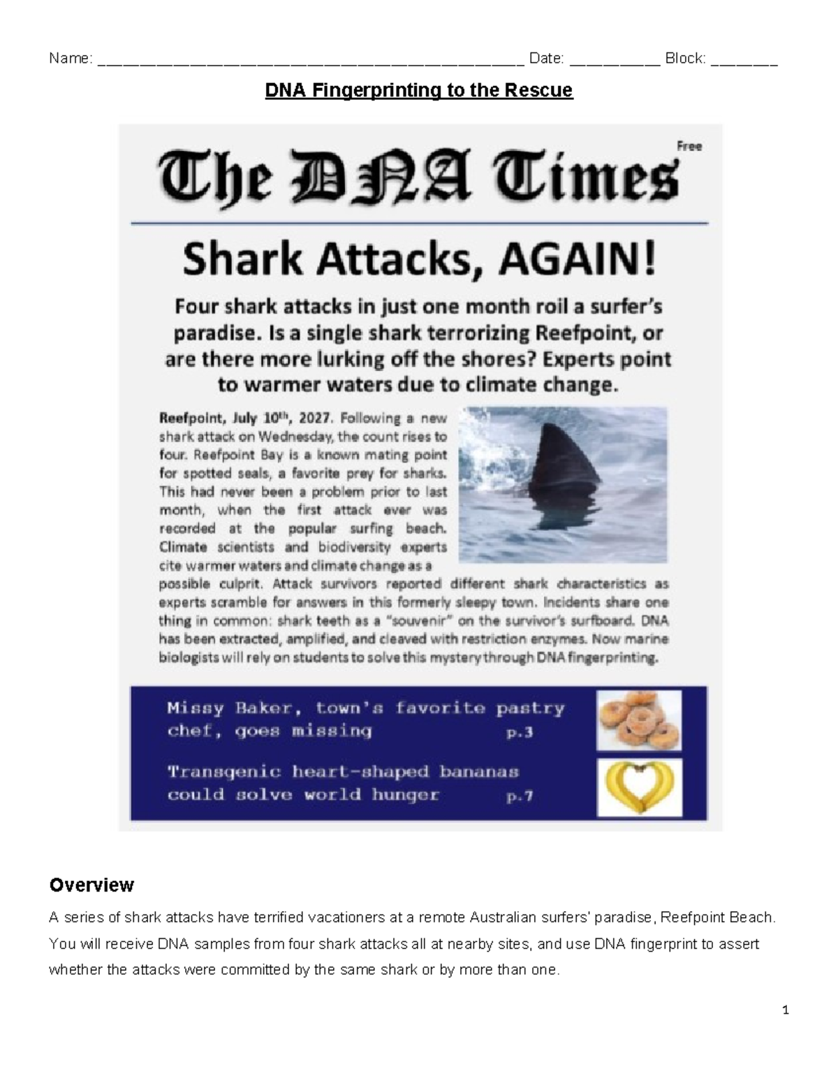 DNA Fingerprinting Analysis of Shark Attacks - Student Manual (BIO101 ...