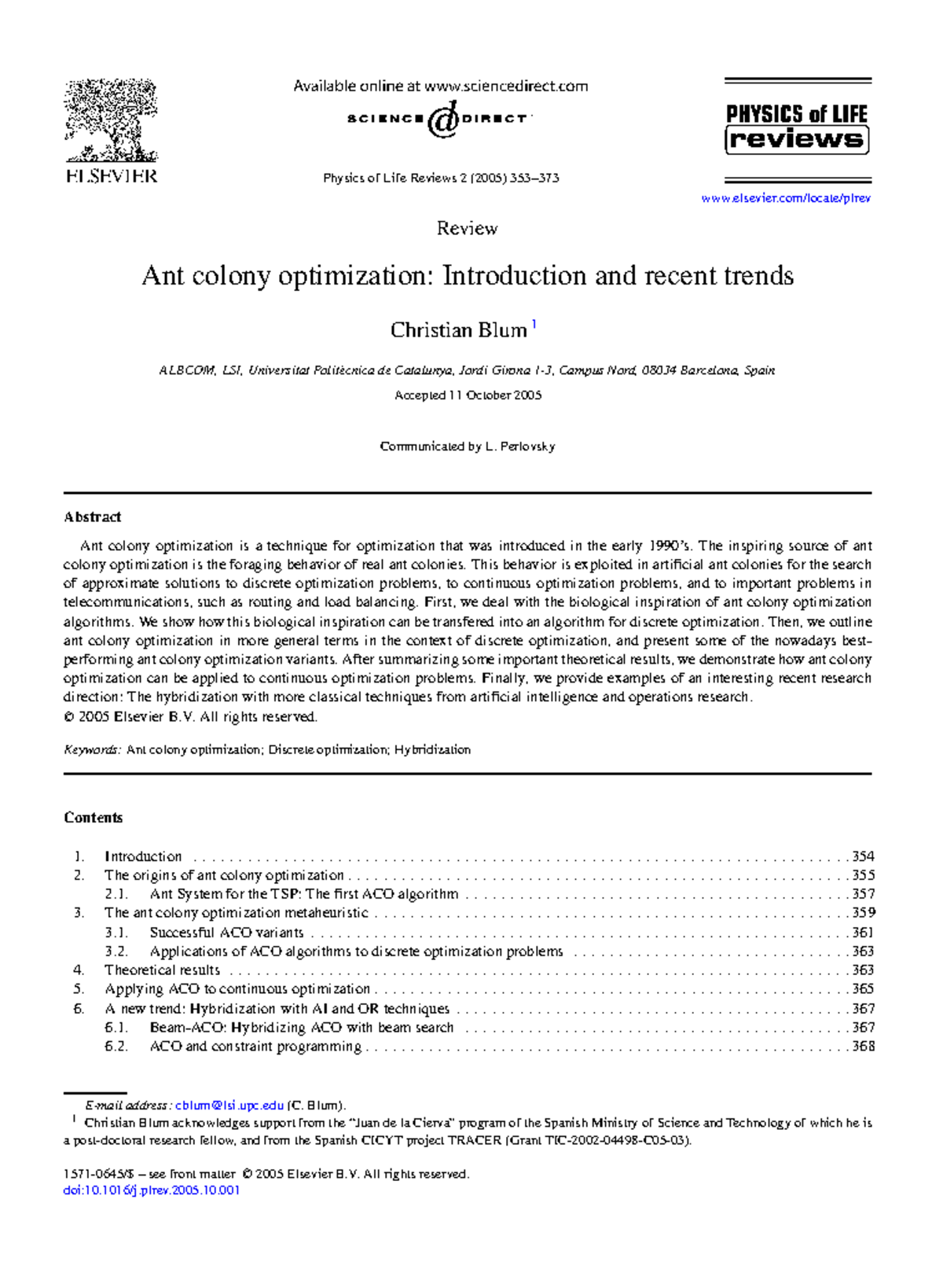 Ant Colony Optimization (ACO): Insights and Recent Trends in 2005 - Studocu