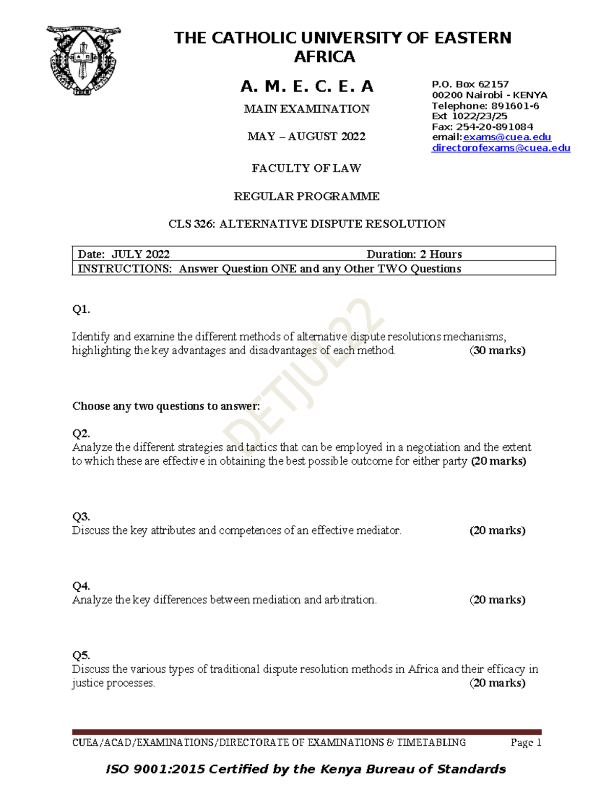 CLS 326: Alternative Dispute Resolution Main Exam July 2022 - Studocu