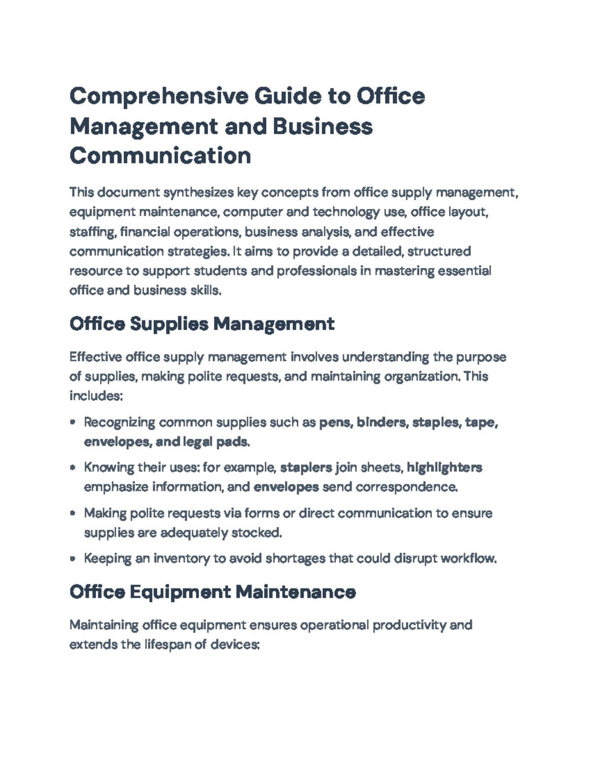 Comprehensive Guide to Office Management & Business Comm. (BUS 101 ...