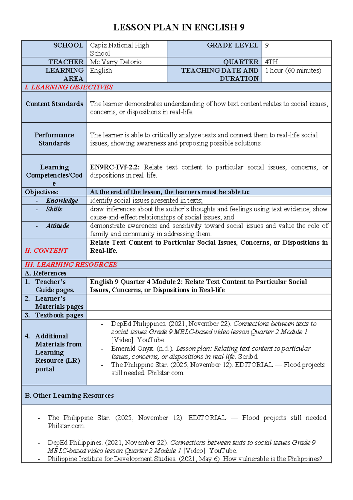 Grade 9 Lesson Plan: Relating Text Content to Social Issues - Studocu