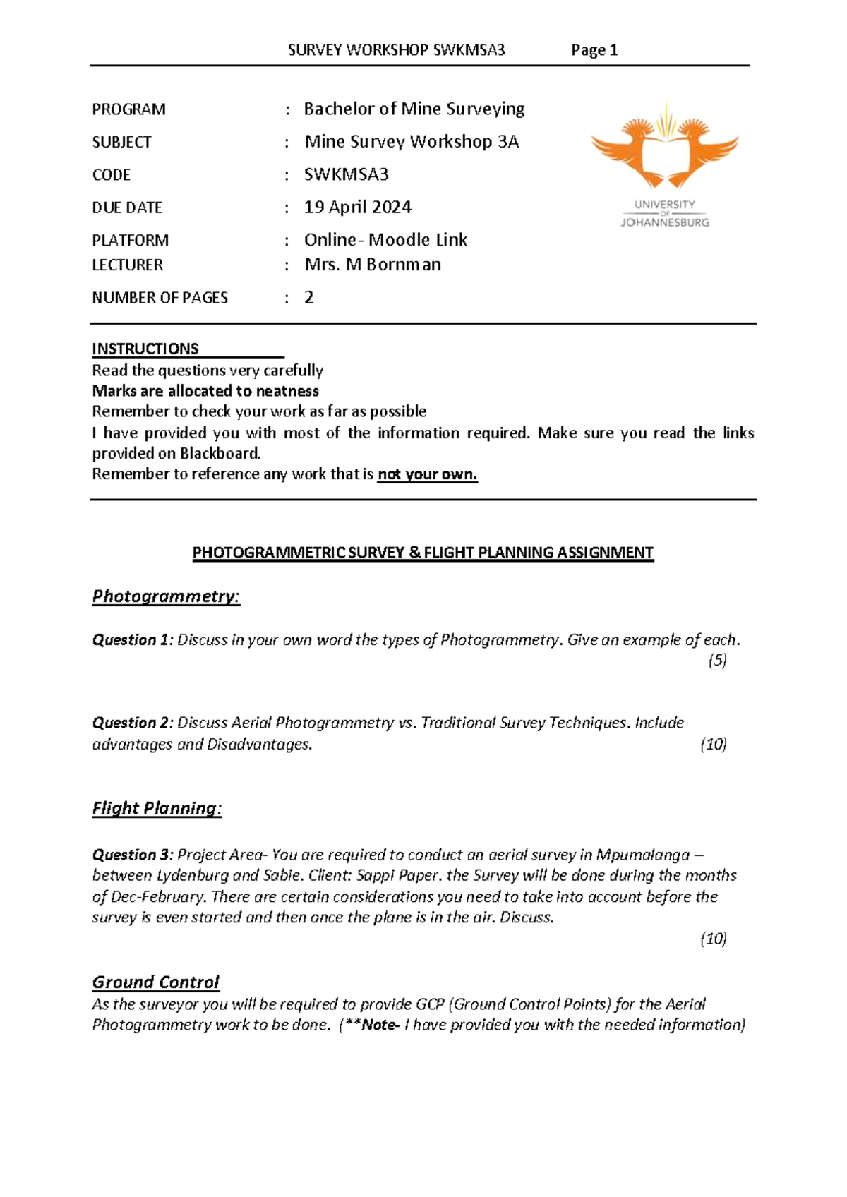 SWKMSA3 Photogrammetric Survey Assignment Instructions 2024 - Studocu