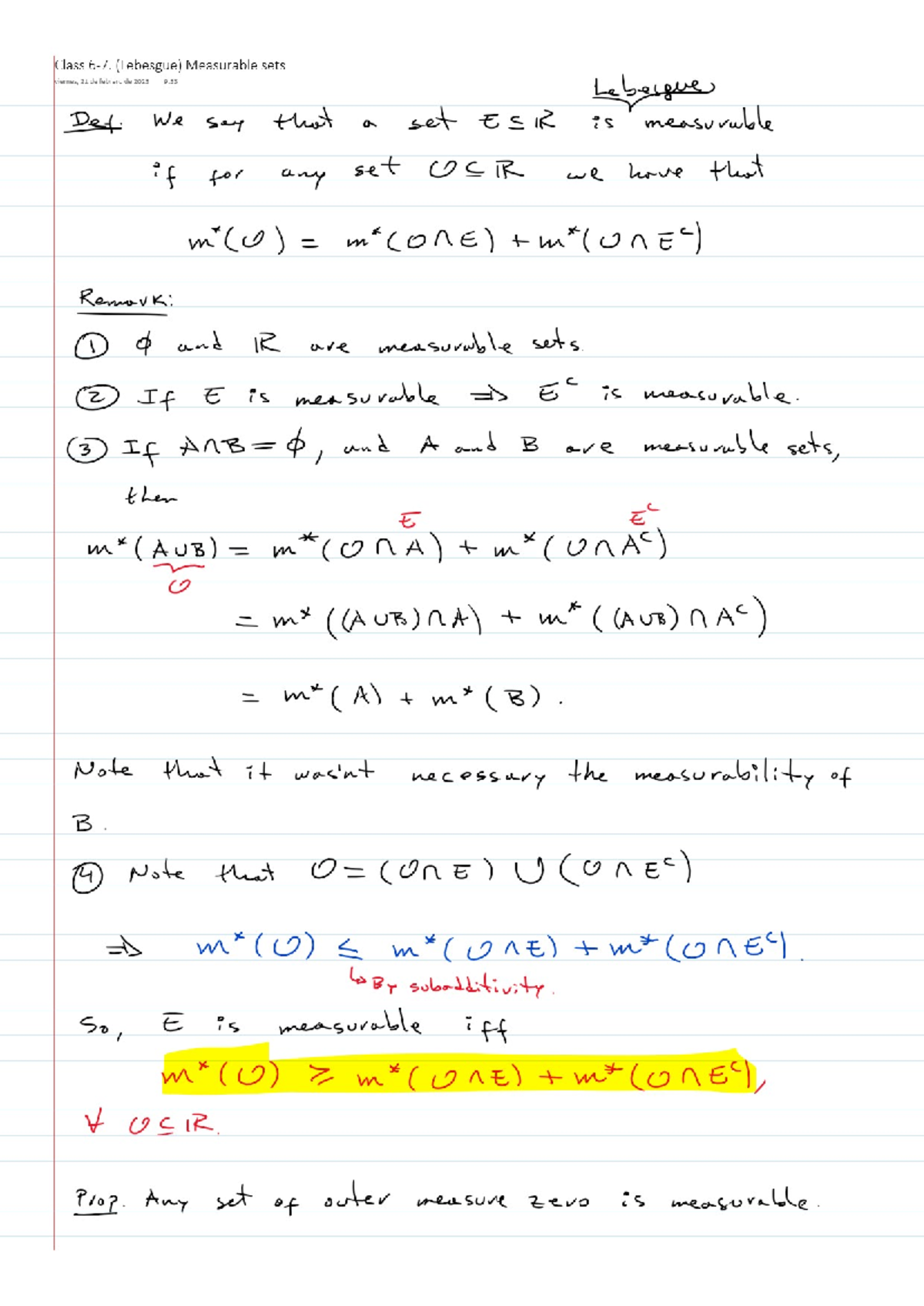 Class 6-7: Lebesgue Measurable Sets Overview and Properties - Studocu