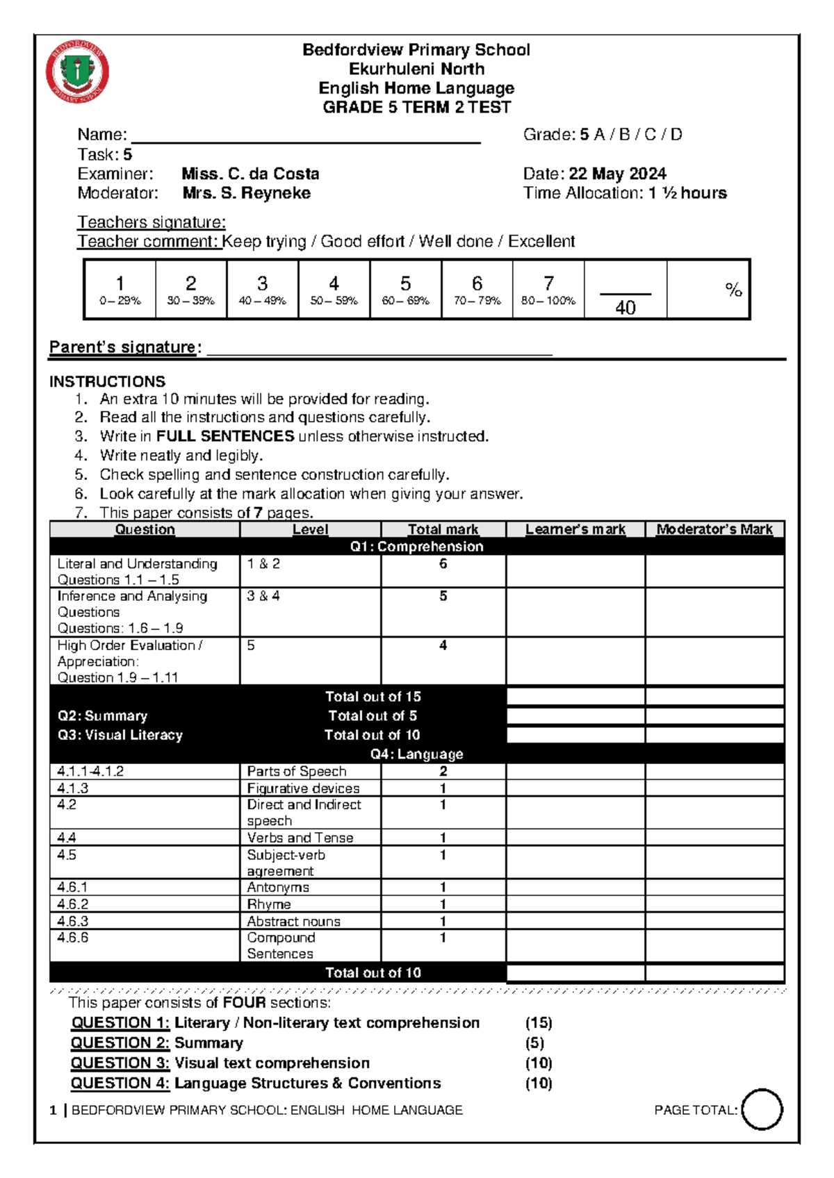 Gr 5 English Home Language Term 2 Test - Bedfordview Primary 2024 - Studocu