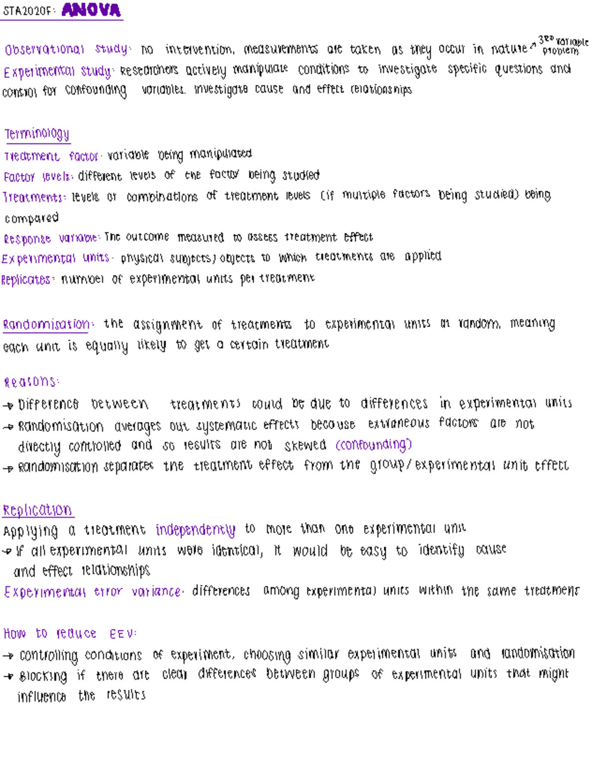 ANOVA STA2020F: Comprehensive Study Notes on Experimental Design - Studocu