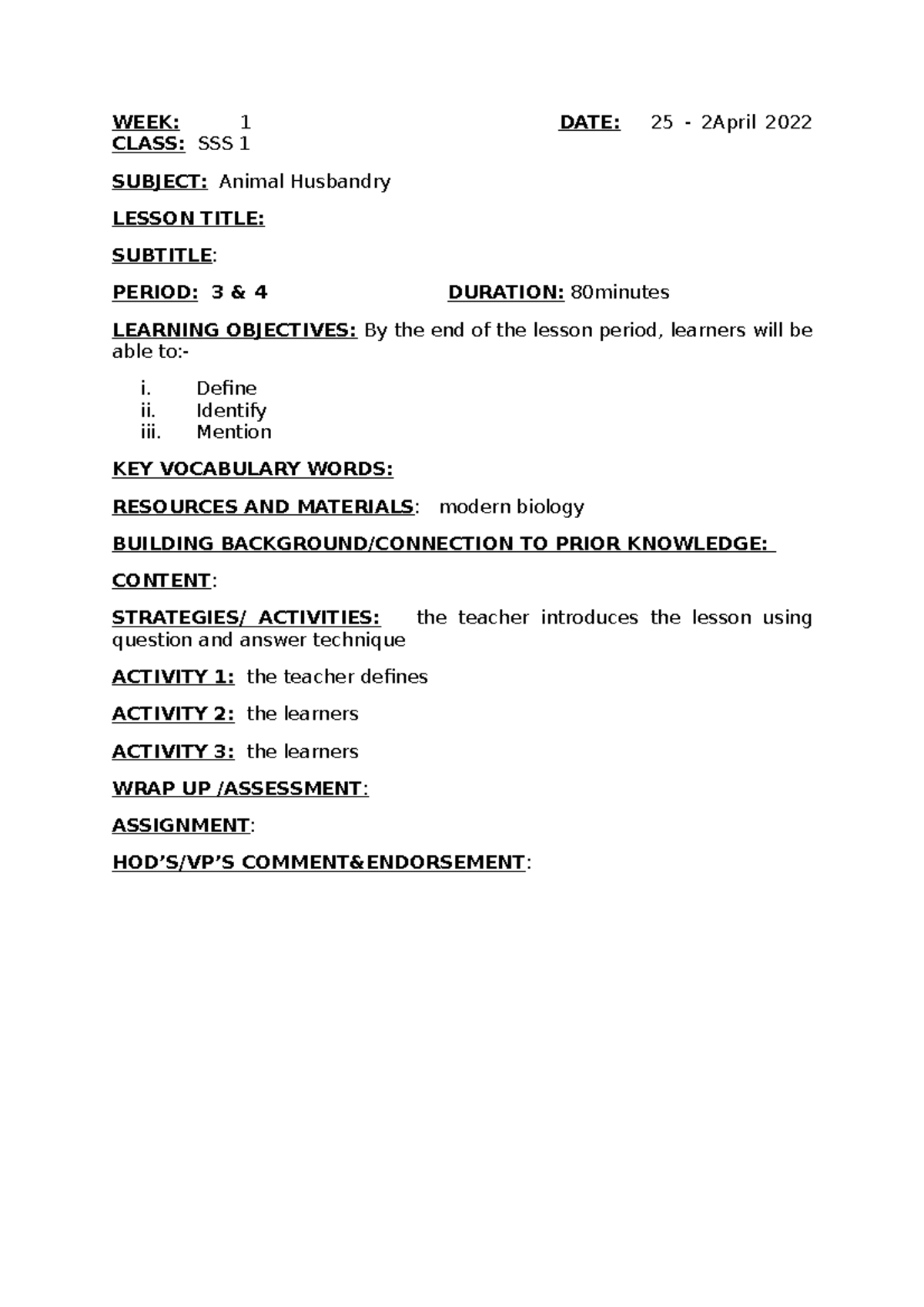 SSS 1 3rd Term Lesson Plan: Introduction to Animal Husbandry - Studocu