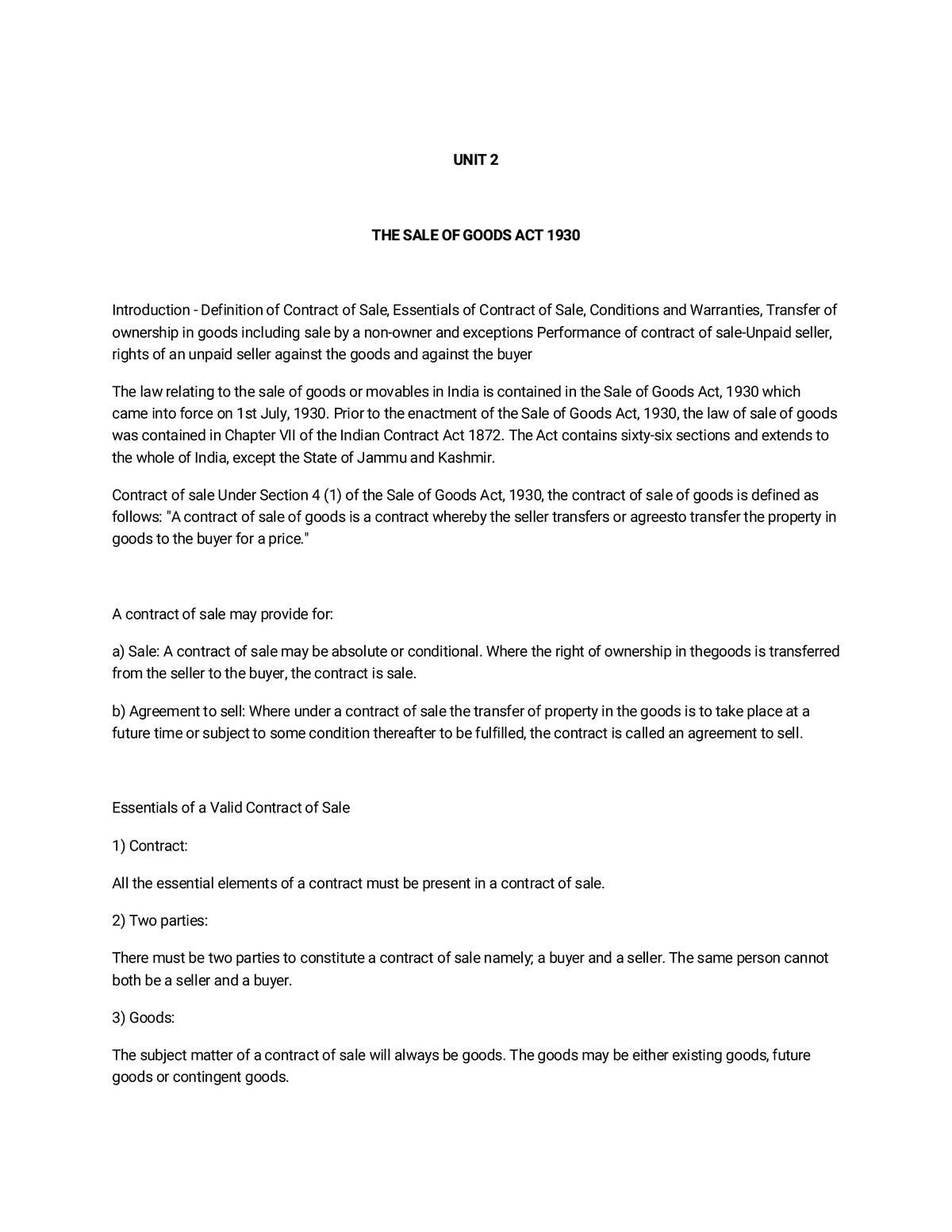 BR-02 - Sale of Goods Act 1930: Key Concepts and Provisions - Studocu