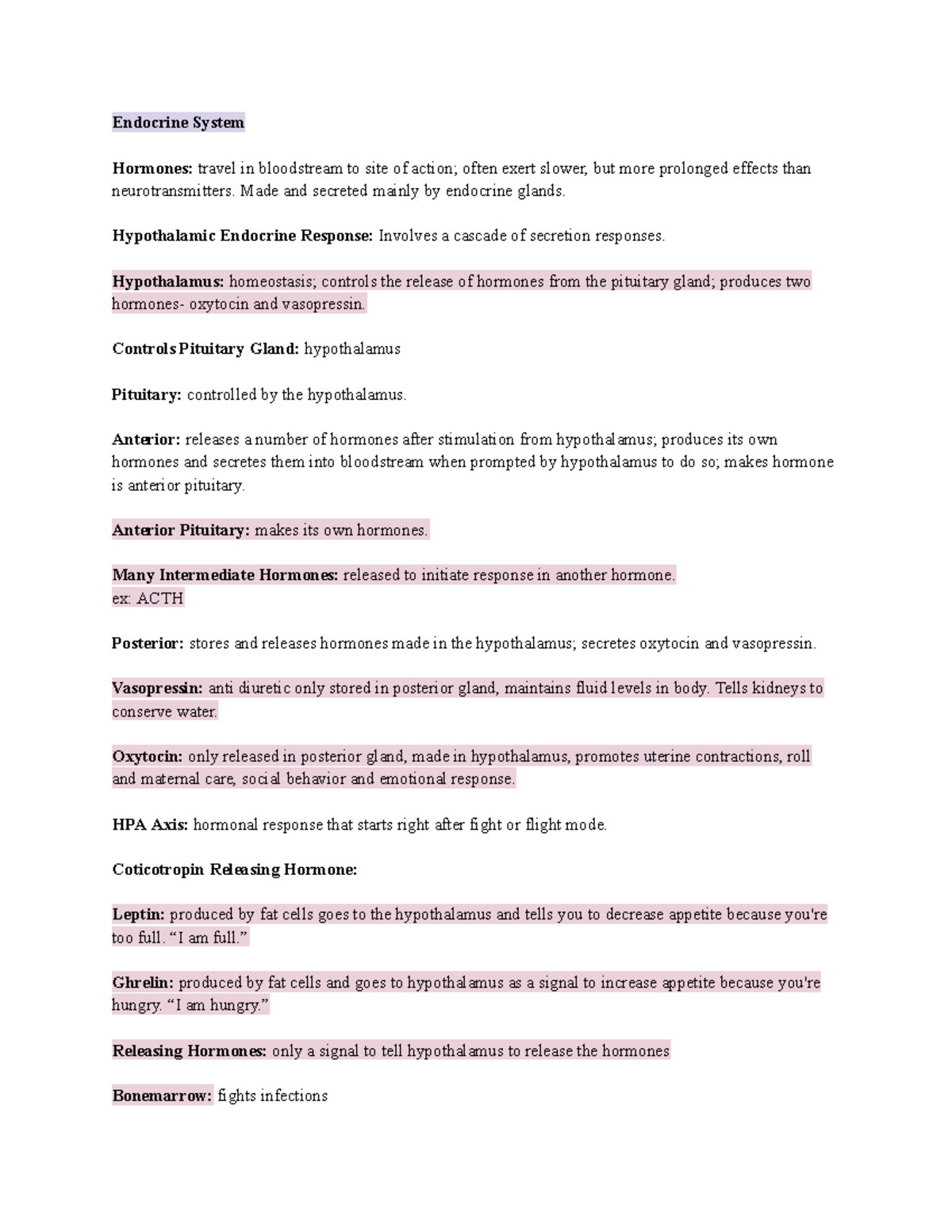 Exam 1 Study Guide: Endocrine System Hormones Overview BBH - Studocu
