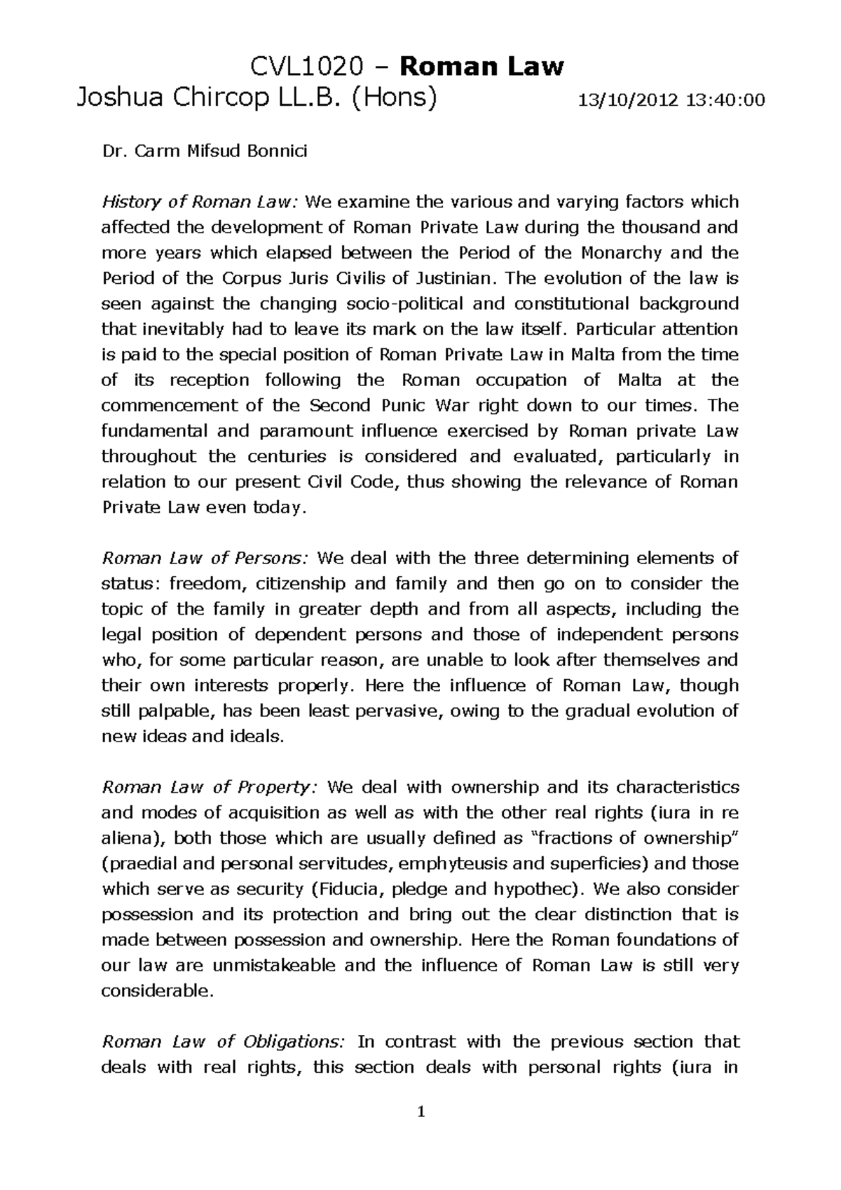 CU 1020 Roman Law: Key Concepts & Principles Lecture Notes - Studocu