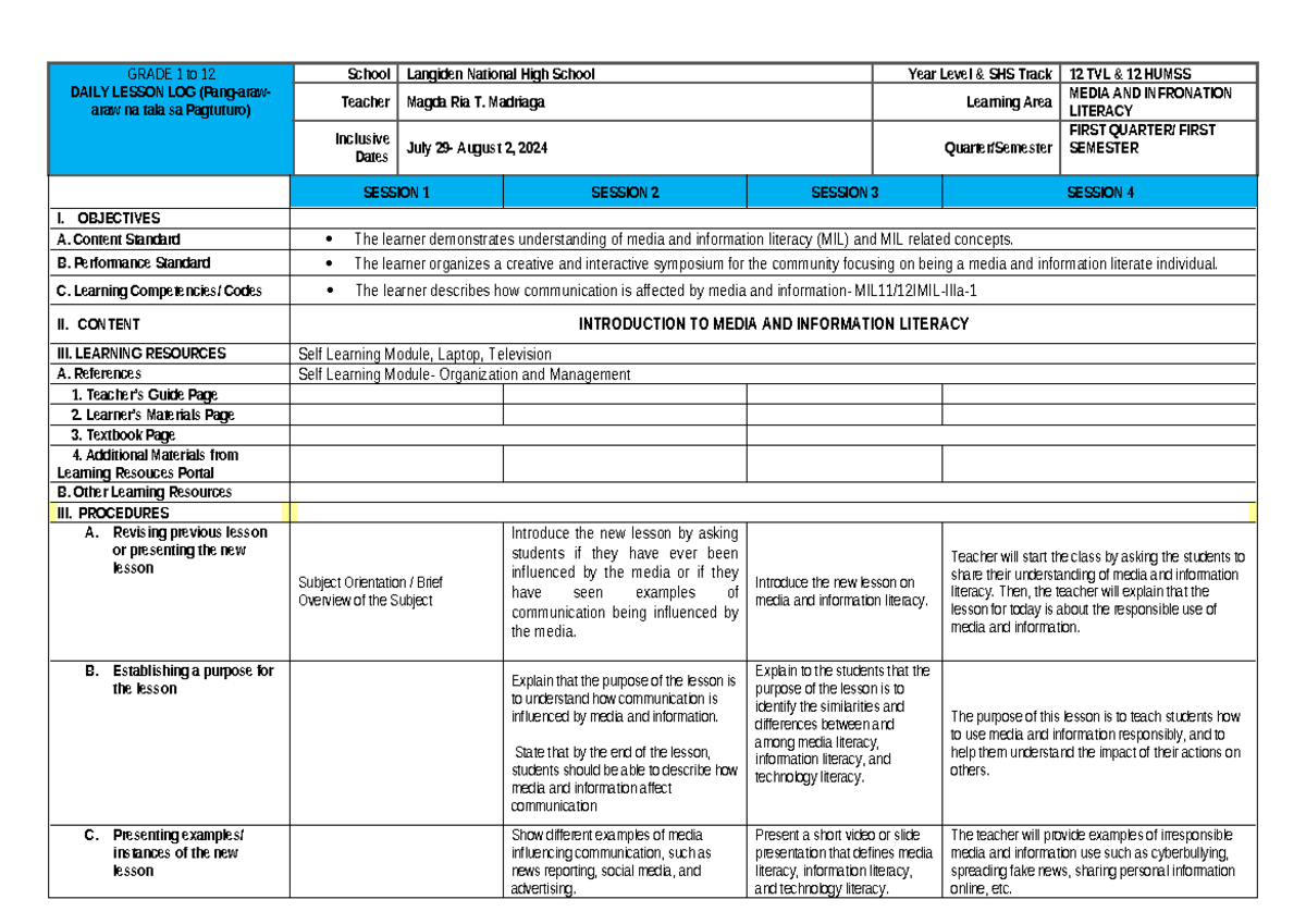 MIL W1 - DLL - GRADE 1 to 12 DAILY LESSON LOG (Pang-araw- araw na tala ...
