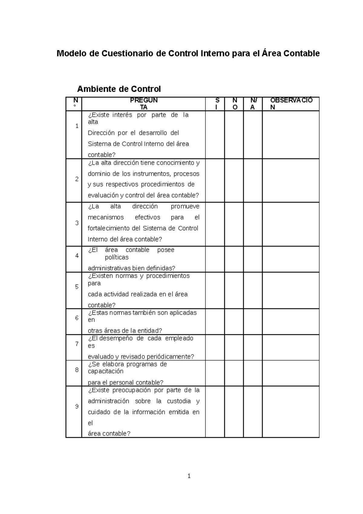Modelo de Cuestionario de Control Interno para el Área Contable - Studocu