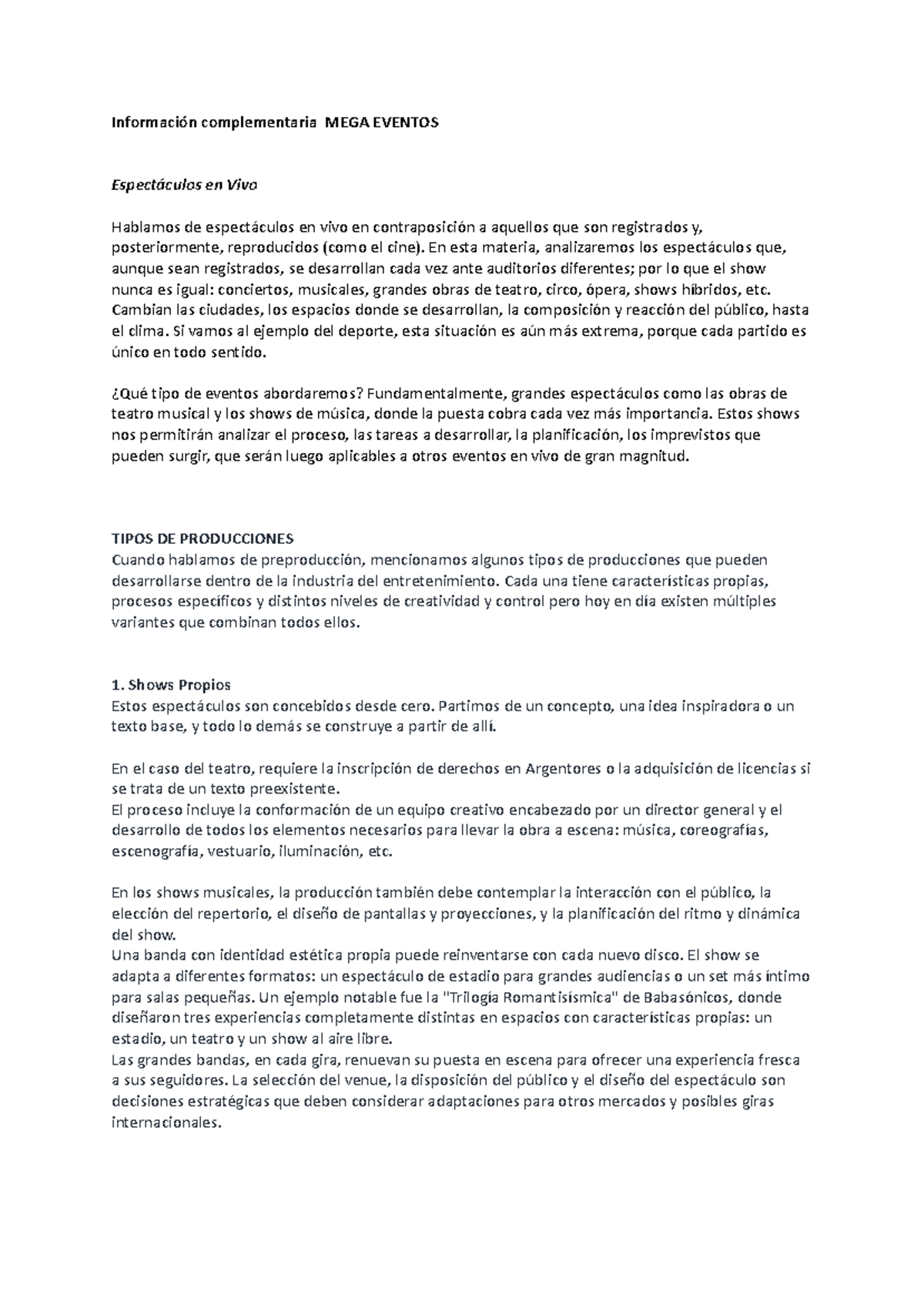 Información Complementaria MEGA 26: Producción de Espectáculos en Vivo ...