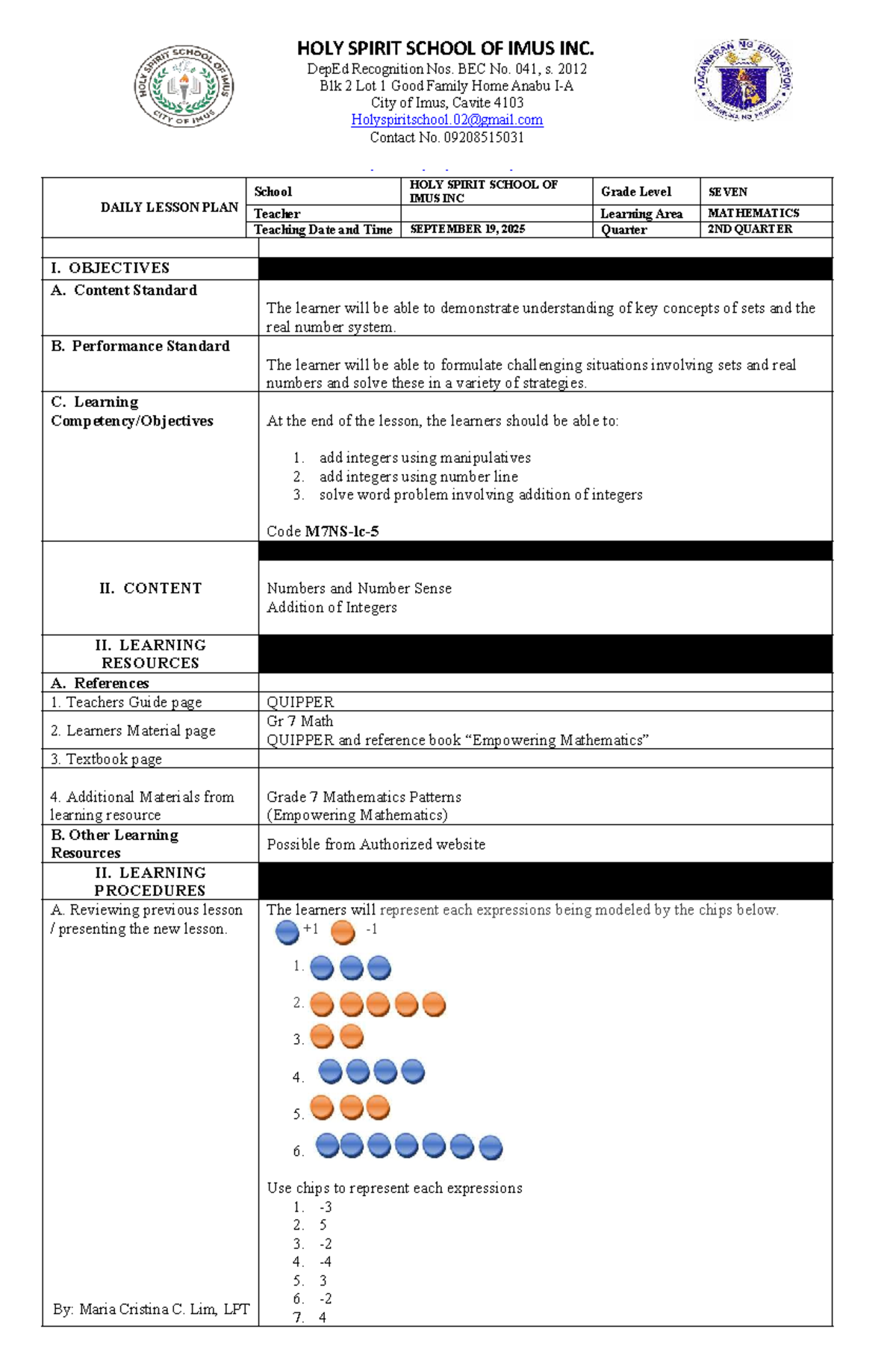 LP MATH 7 - Daily Lesson Plan for Adding Integers - Studocu