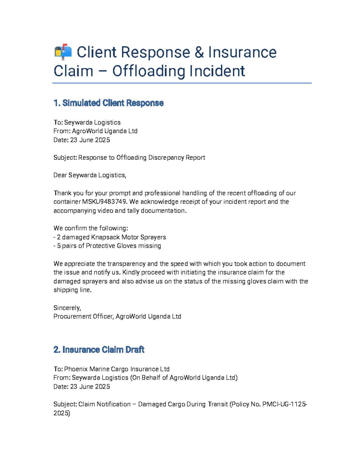 Client Response & Insurance Claim for Offloading Incident - Studocu
