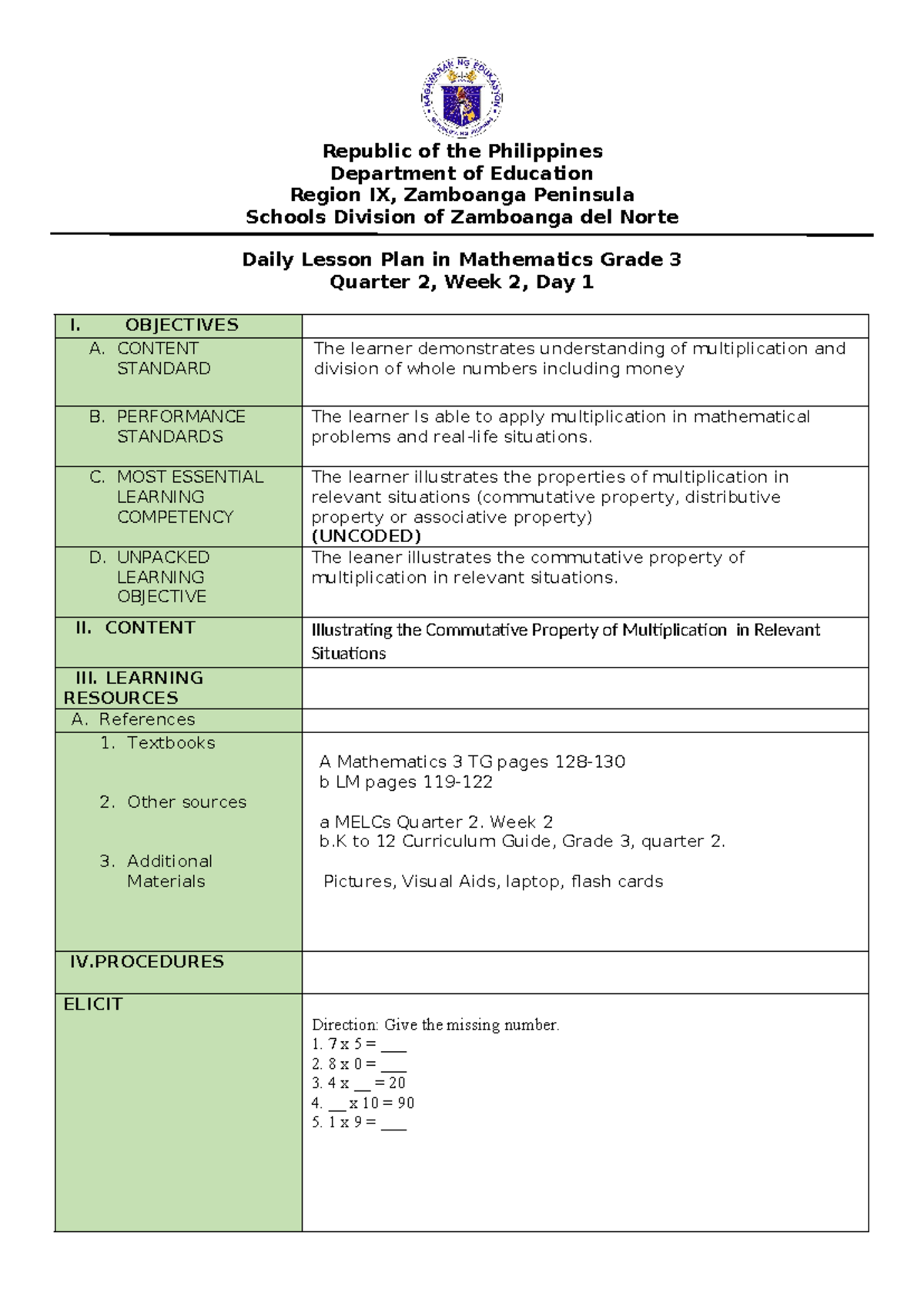 MATH 3 Q2 W2 D1 MELC 1 - Practice materials - Republic of the ...