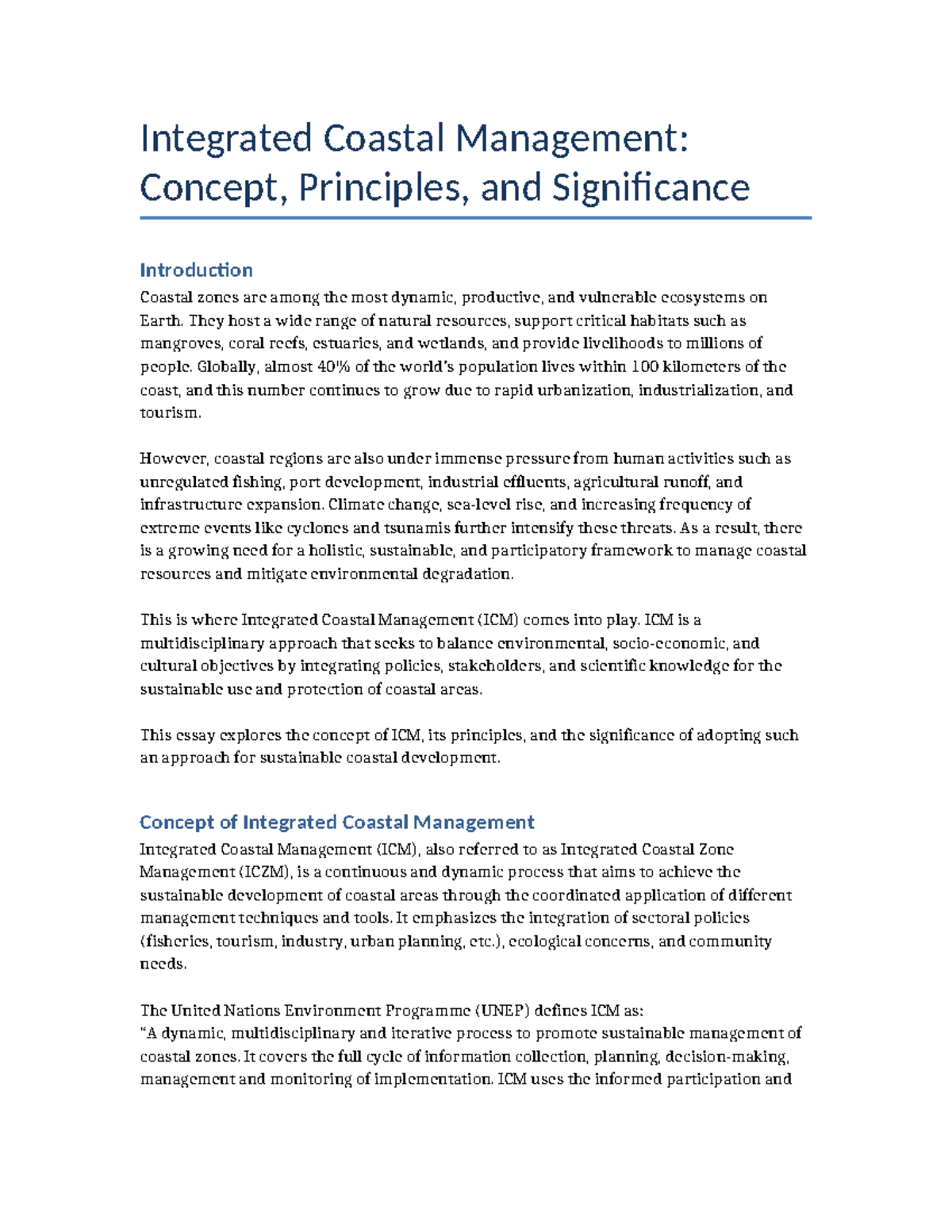 Integrated Coastal Management (ICM): Concepts, Principles ...
