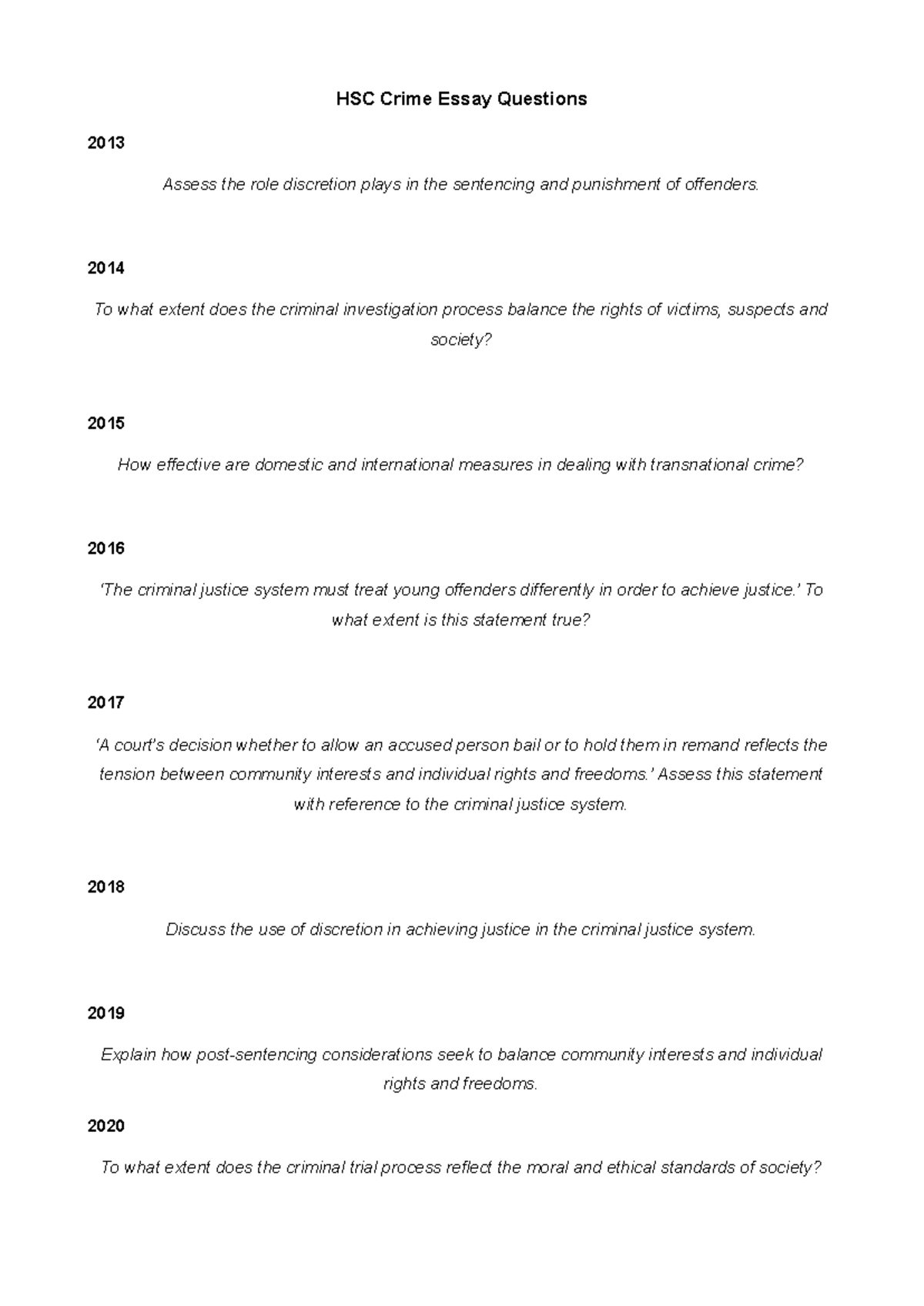 HSC Crime Essay Questions: 2013-2020 Analysis and Insights - Studocu