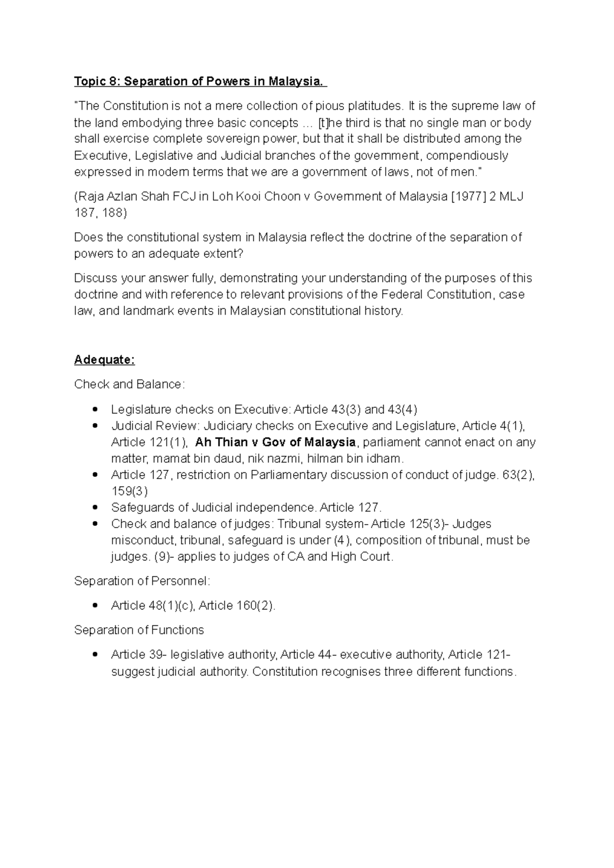 Constitutional Law III: Topic 8 - Separation of Powers in Malaysia ...