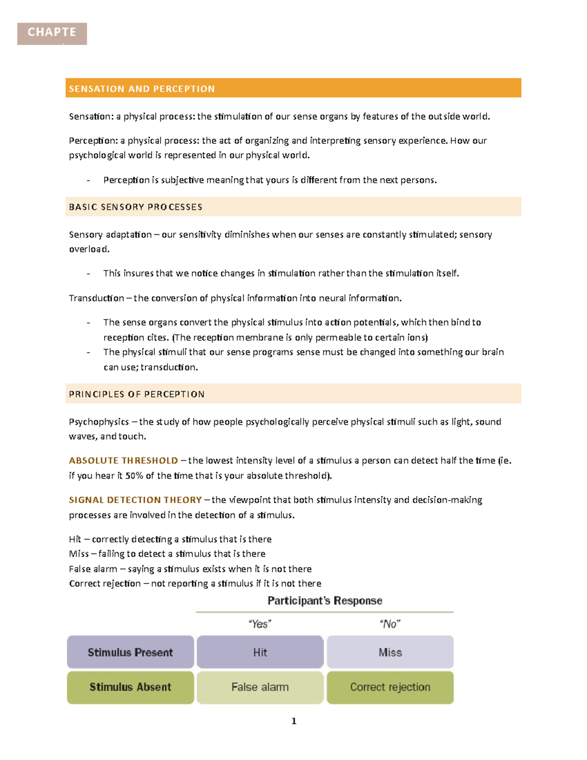 Chapter 4: Sensing and Perception - Key Concepts & Lecture Notes - Studocu