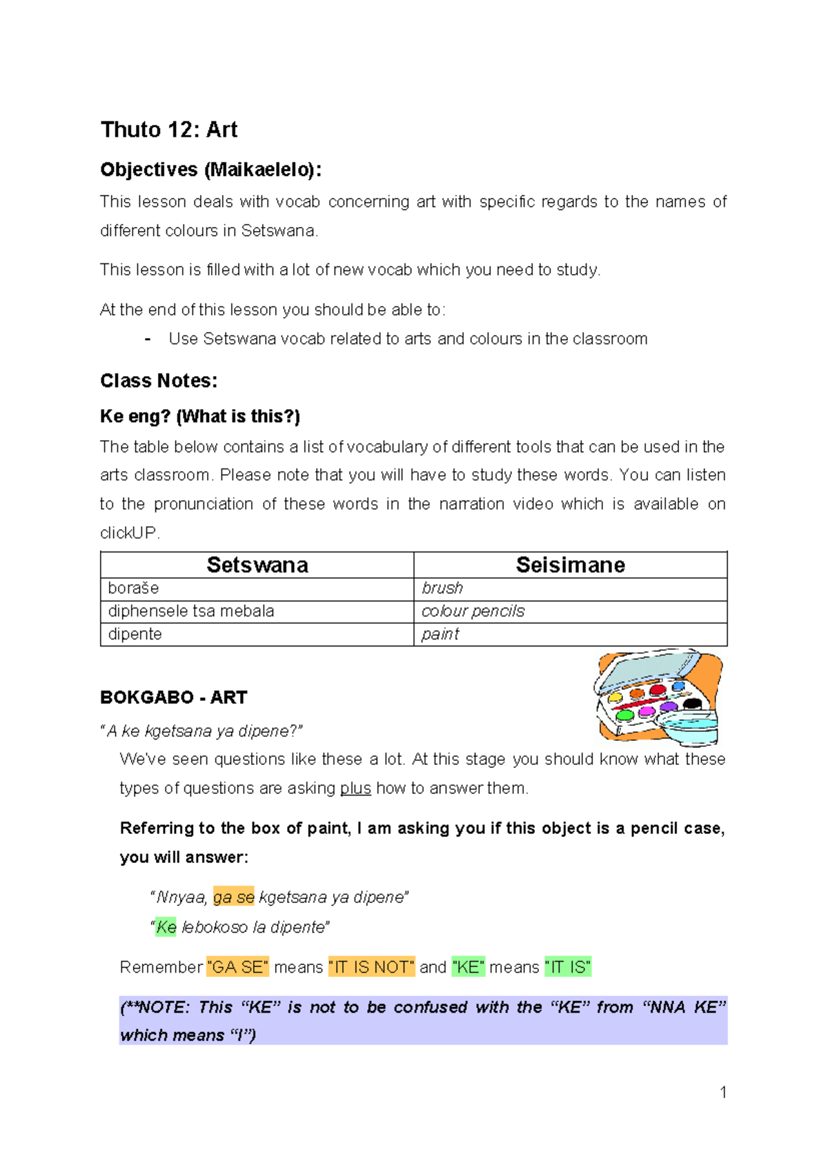 Thuto 12: Art Vocabulary & Colour Names in Setswana - Class Notes - Studocu