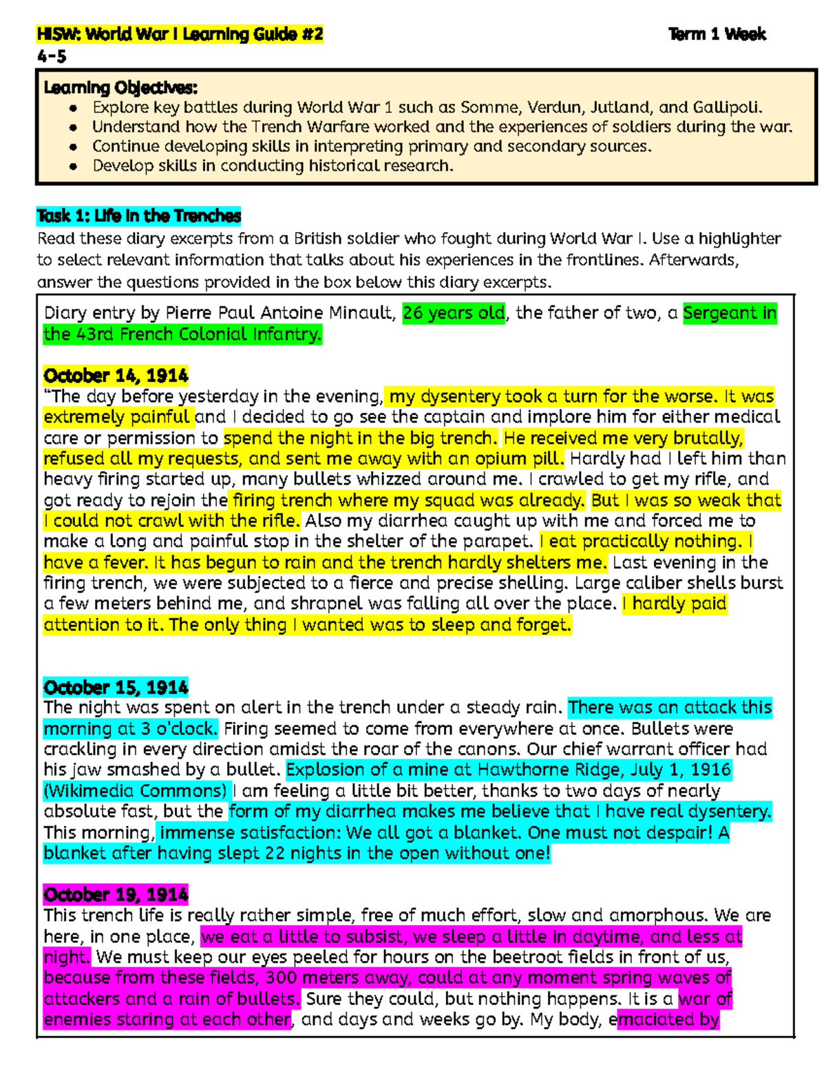 HISW: WW1 Learning Guide - Key Battles & Soldier Experiences - Studocu
