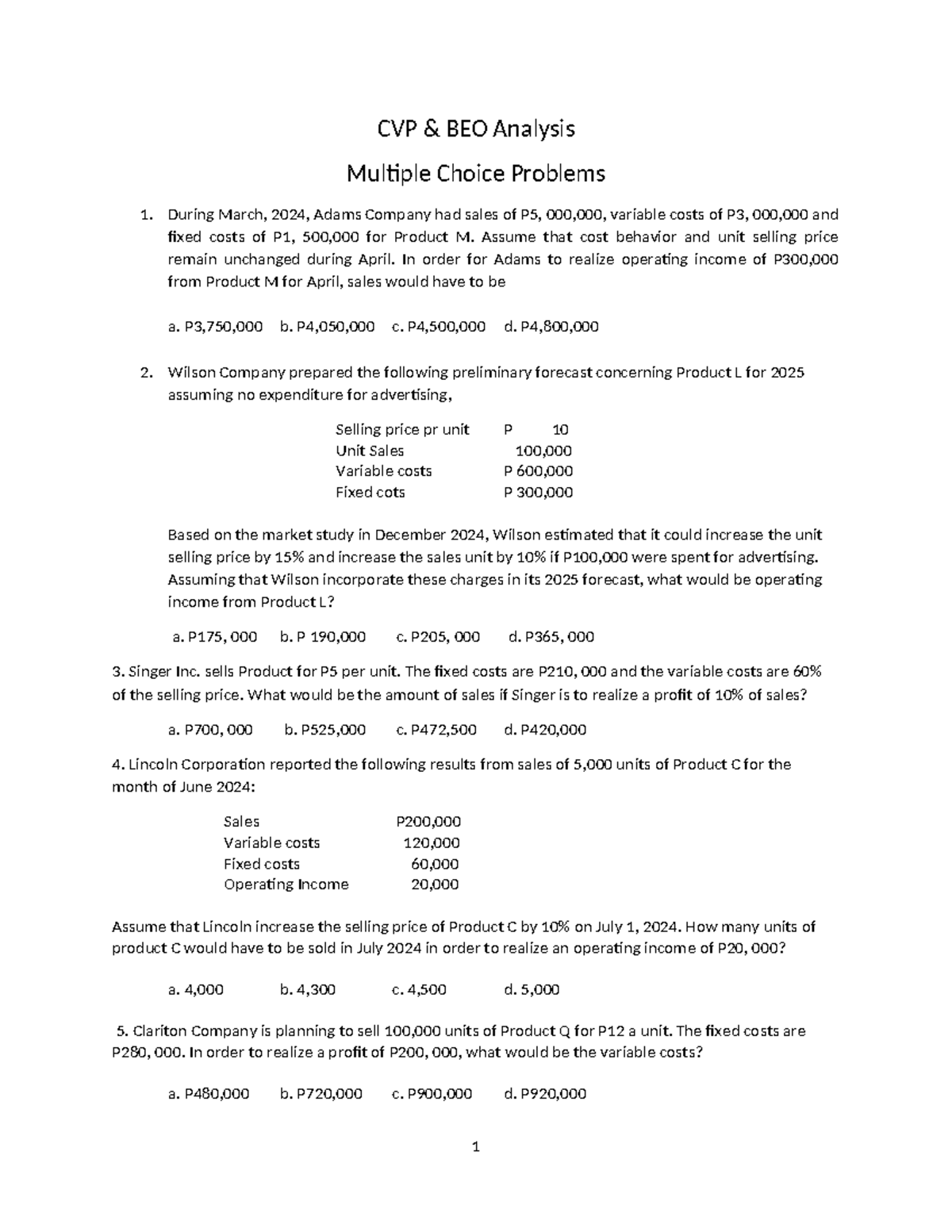 Cost Volume Profit Analysis Assignment - CVP & BEO Exam Prep - Studocu