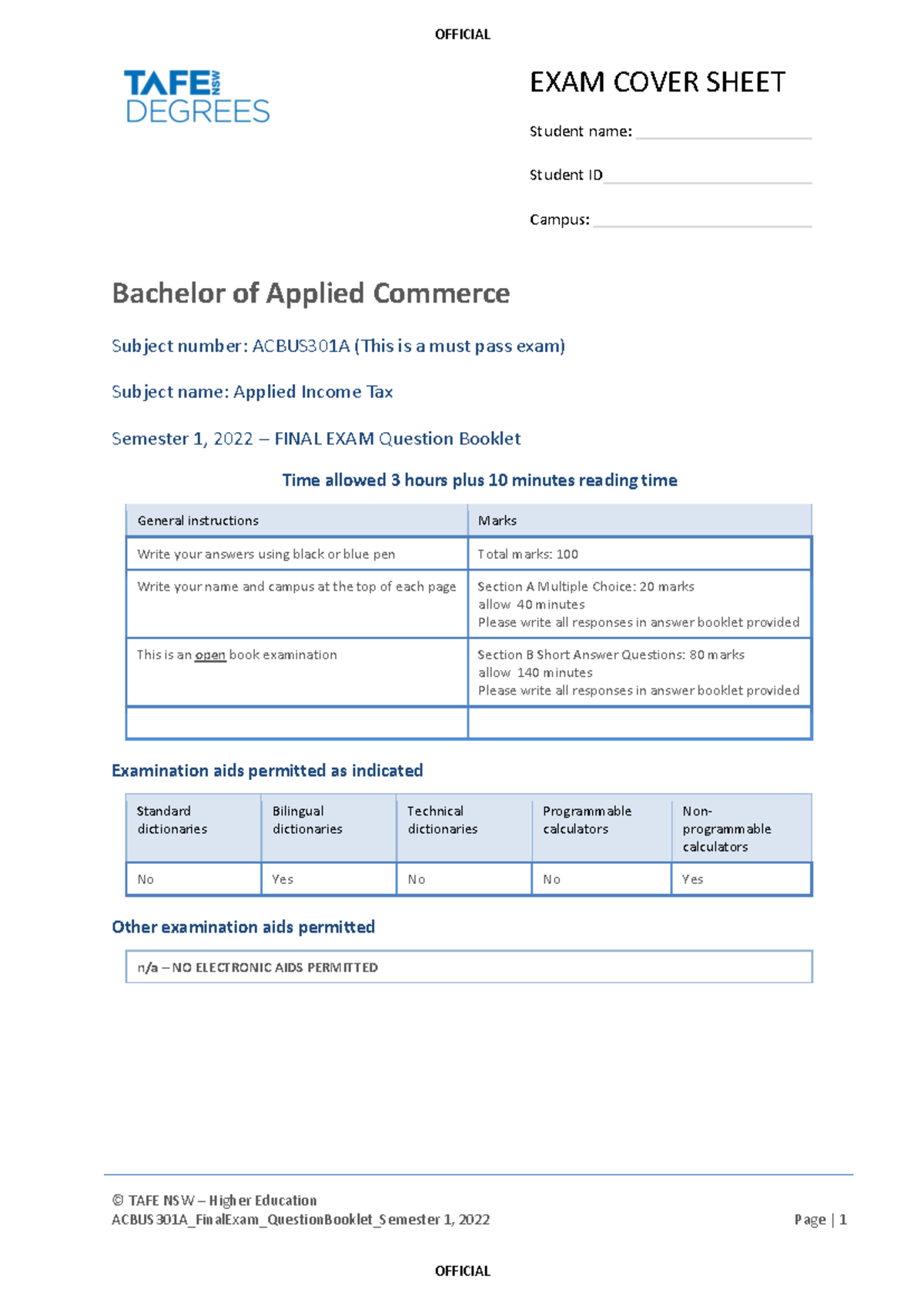 ACBU301A S1 2022 - Final Exam Question Booklet for Applied Income Tax ...