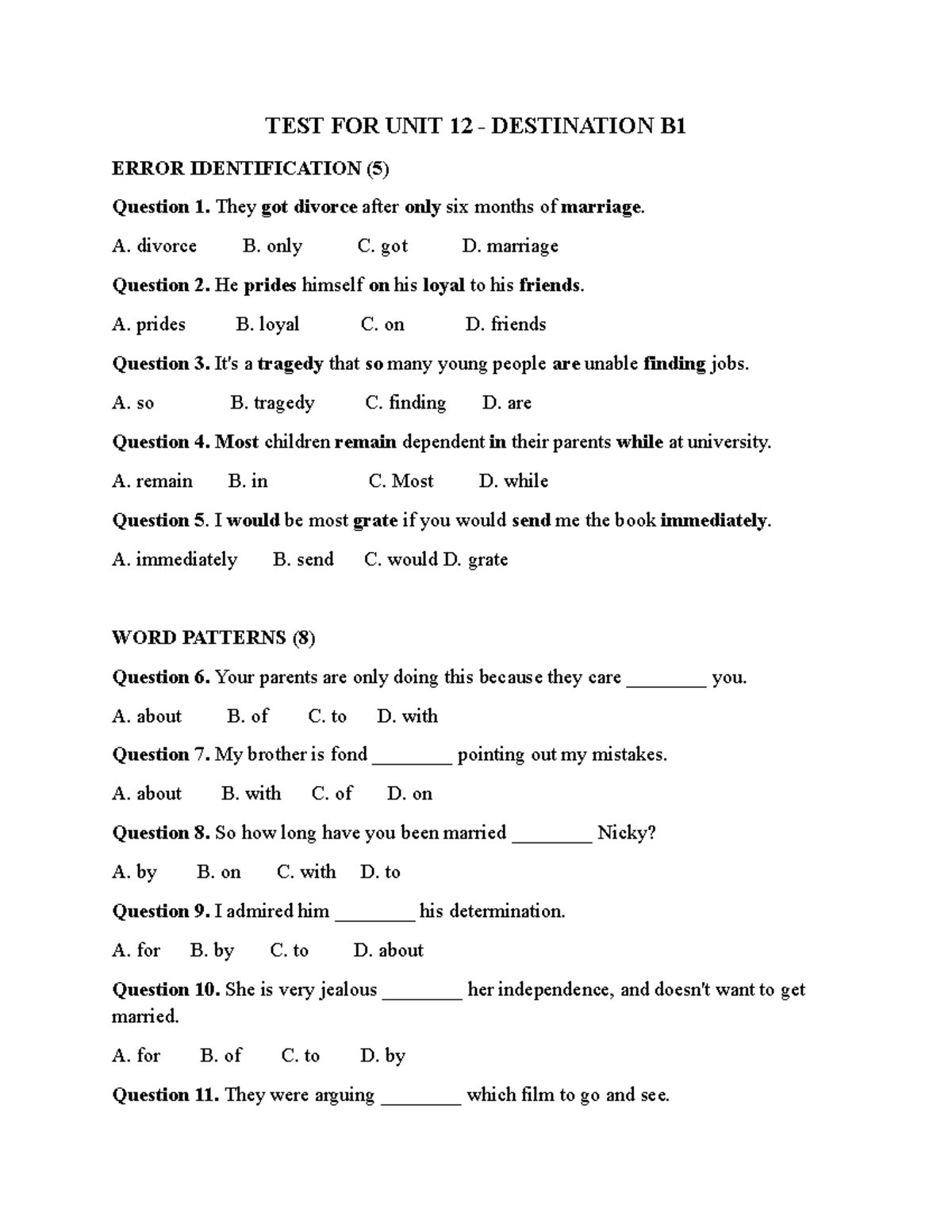 TEST FOR UNIT 12 DESTINATION B1 ERROR IDENTIFICATION - Studocu