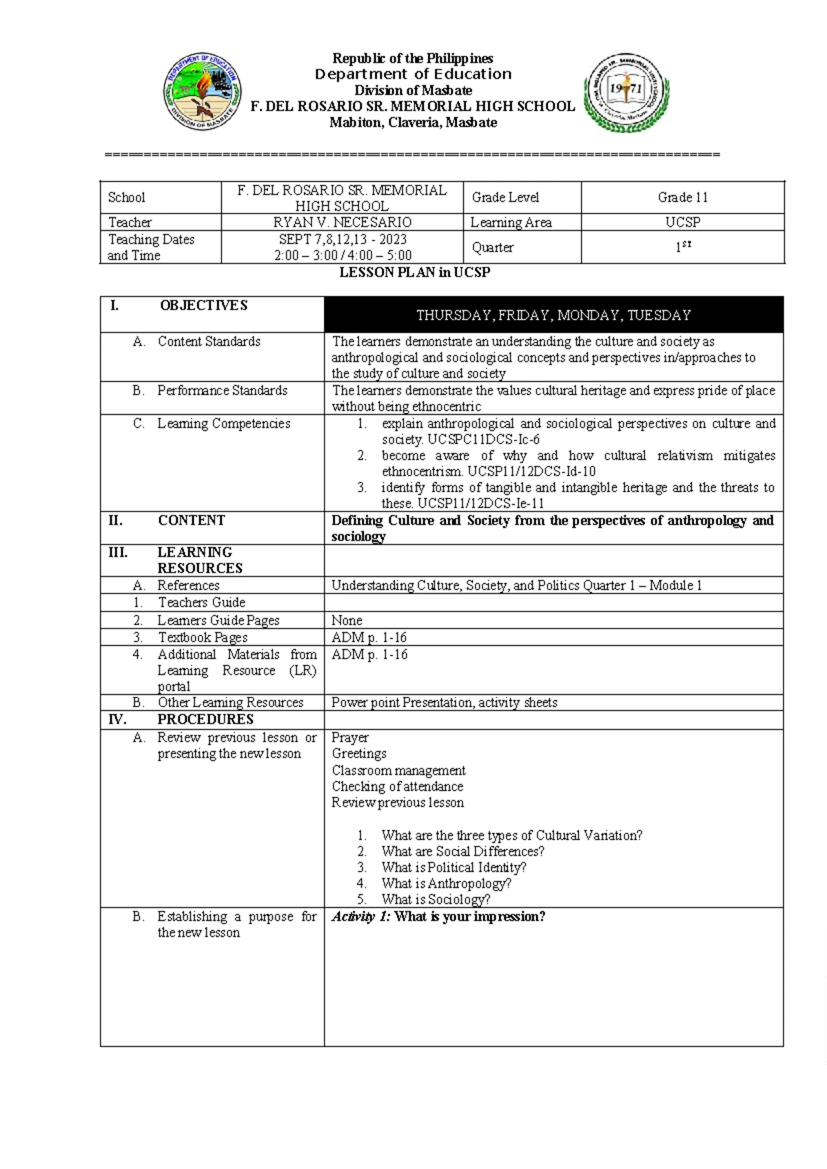 Grade 11 UCSP Lesson Plan: Understanding Culture, Society, and Politics ...