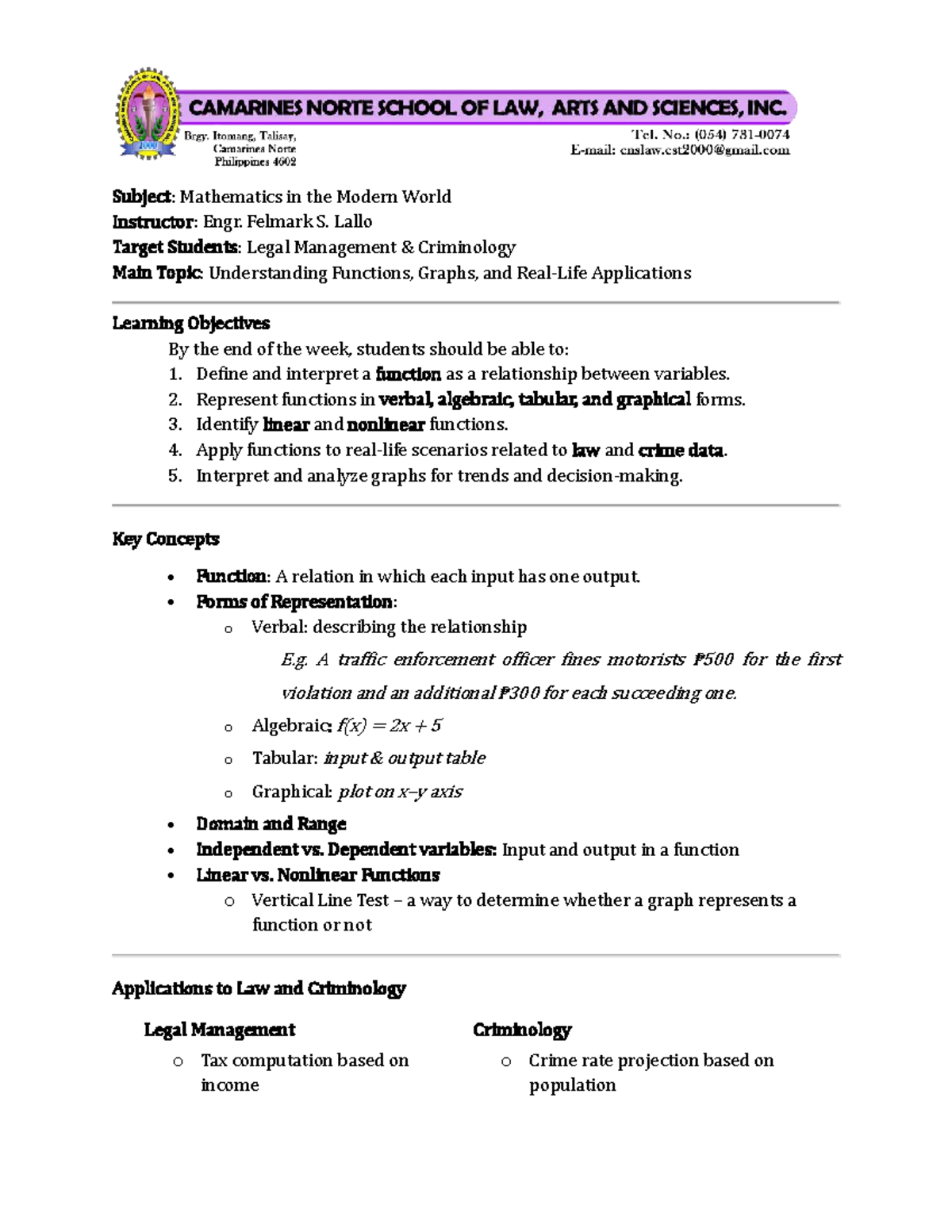 Lesson 1: Functions and Graphs in MMW for Legal Management ...