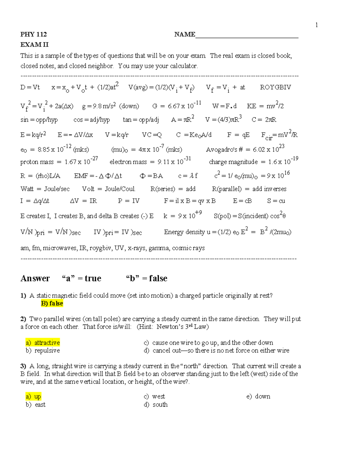 Exam 2 study guide w ans - david cole - PHY 112 NAME ...