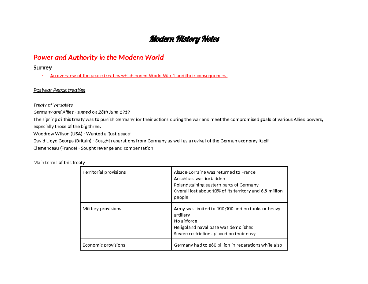 Year 12 - Modern History Notes: Power & Authority Post WW1 - Studocu