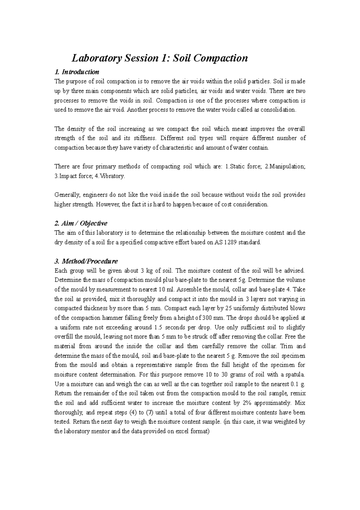 Laboratory Report on Soil Compaction Principles and Methods (Lab 1-4 ...