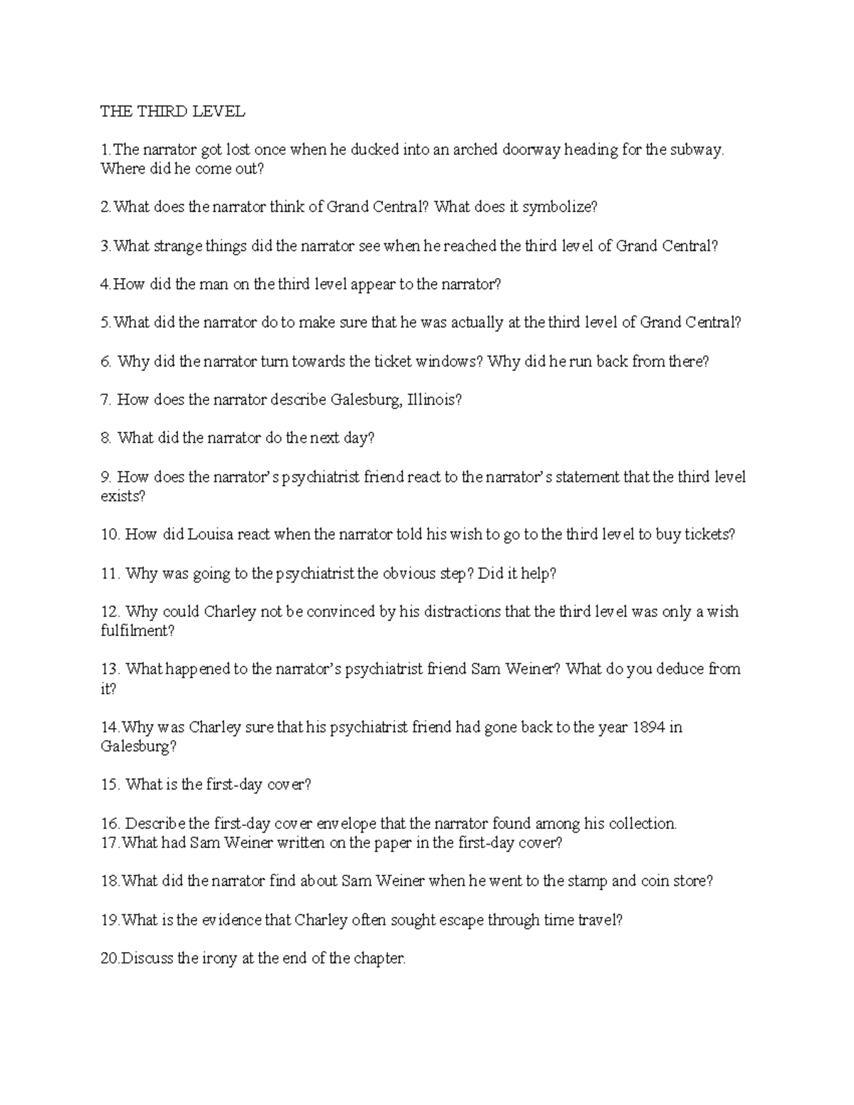 THE Third Level - notes - THE THIRD LEVEL 1 narrator got lost once when ...