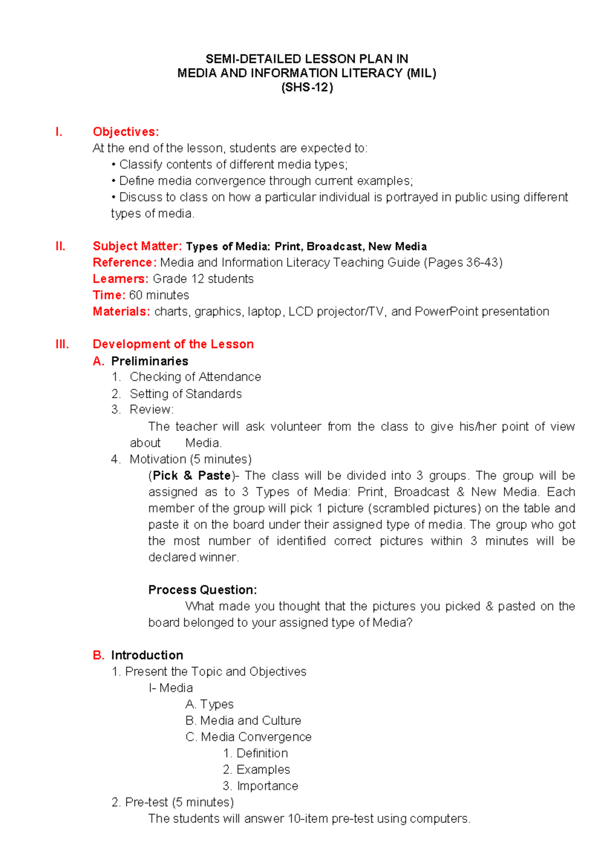 Semi-detailed Lesson Plan on Media & Info Literacy (MIL) - SHS-12 - Studocu
