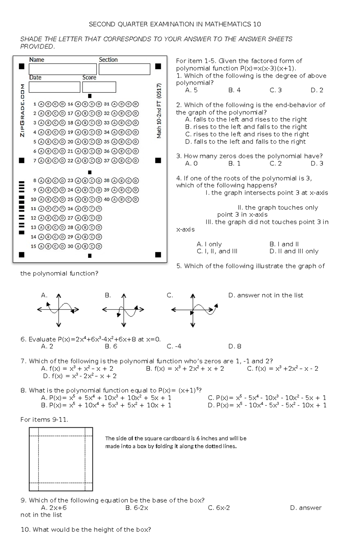 2nd Quarter Math 10 Exam Questions and Answer Key - Studocu