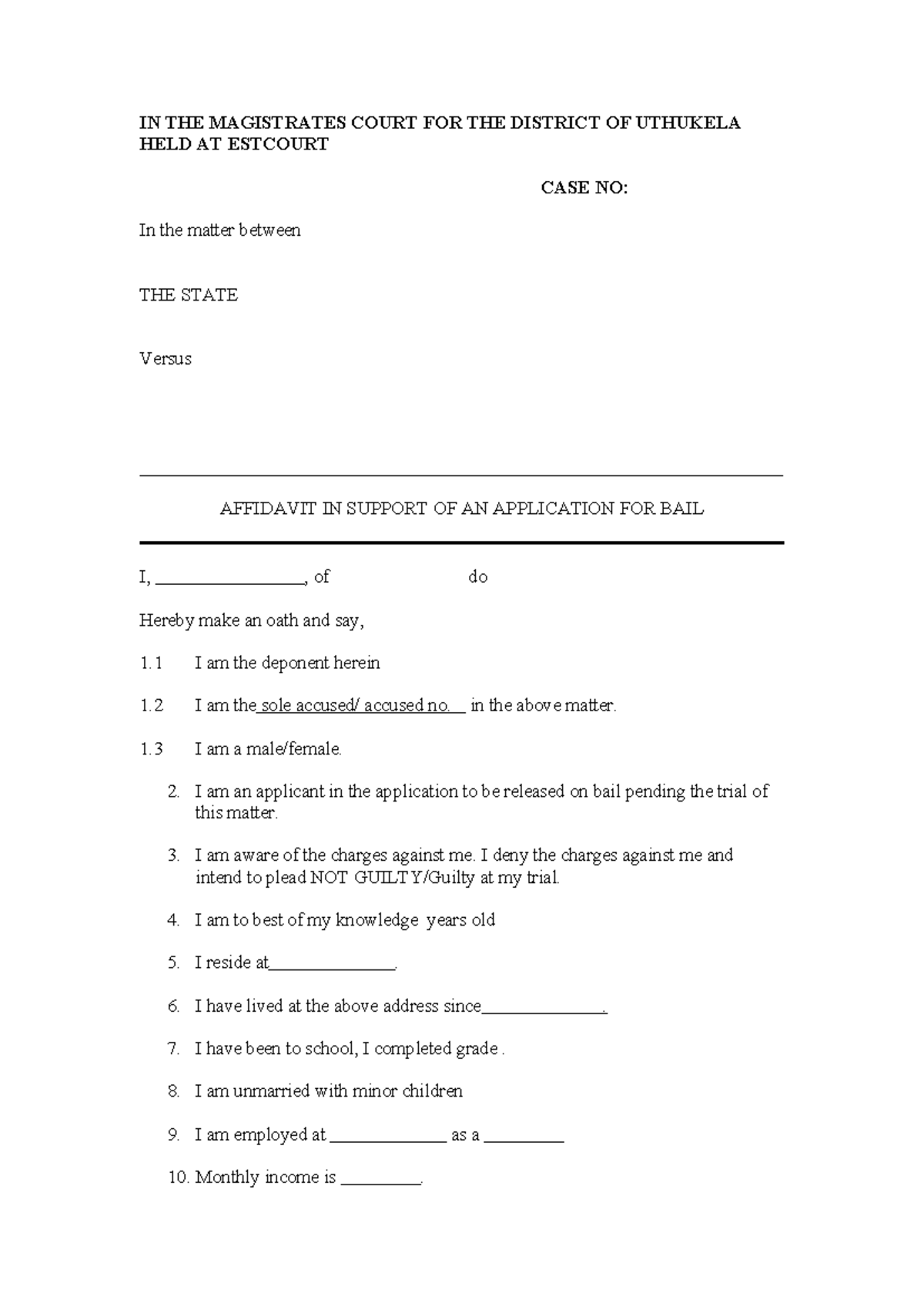 Affidavit FOR BAIL Application - IN THE MAGISTRATES COURT FOR THE ...
