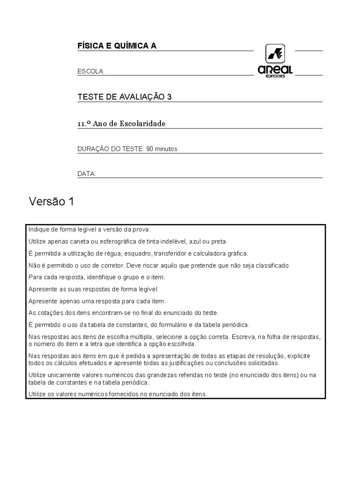 Teste Físico-química 11.º Ano - Avaliação 3 - Jan-2024 - Document Preview