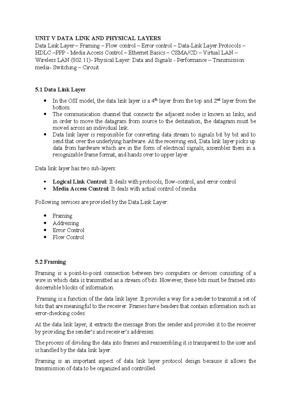 Unit V - Data Link and Physical Layers Notes (Course Code: UNIT 05 ...