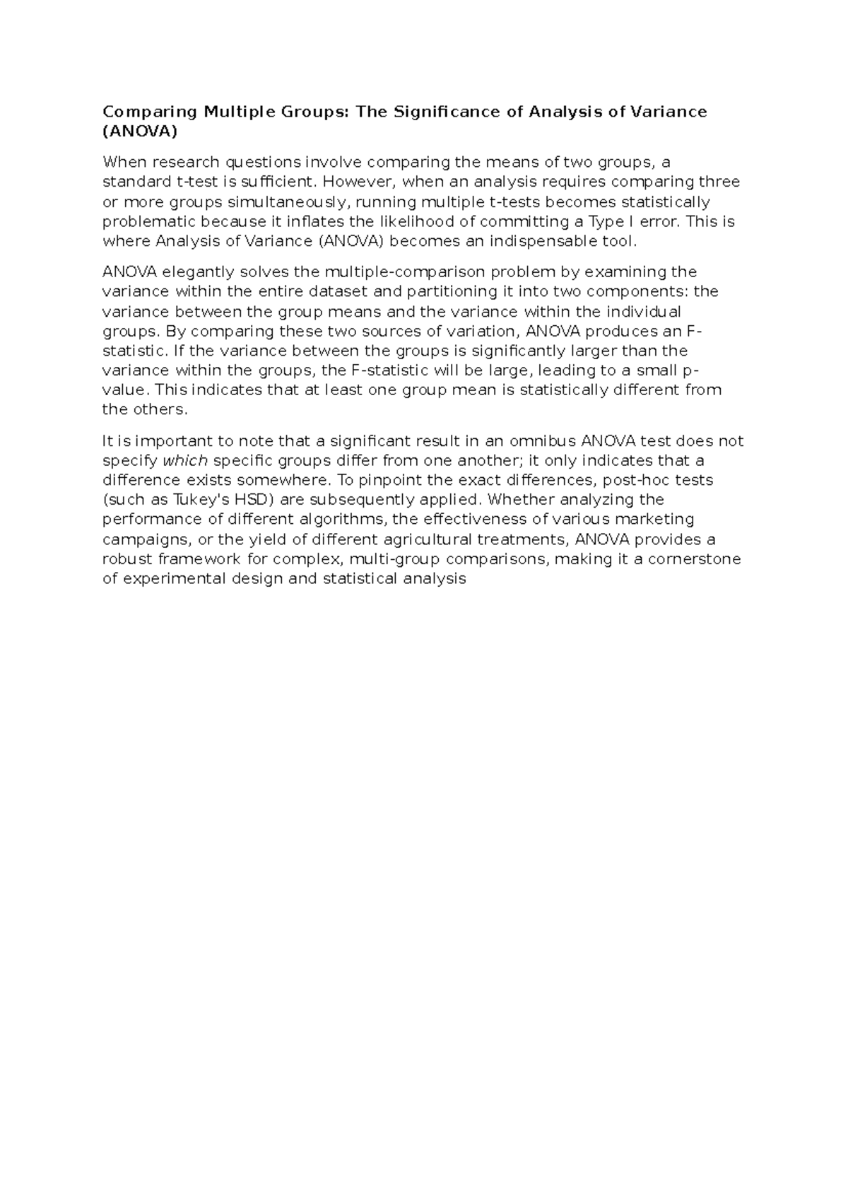 ANOVA: Comparing Multiple Groups in Statistical Analysis - Studocu