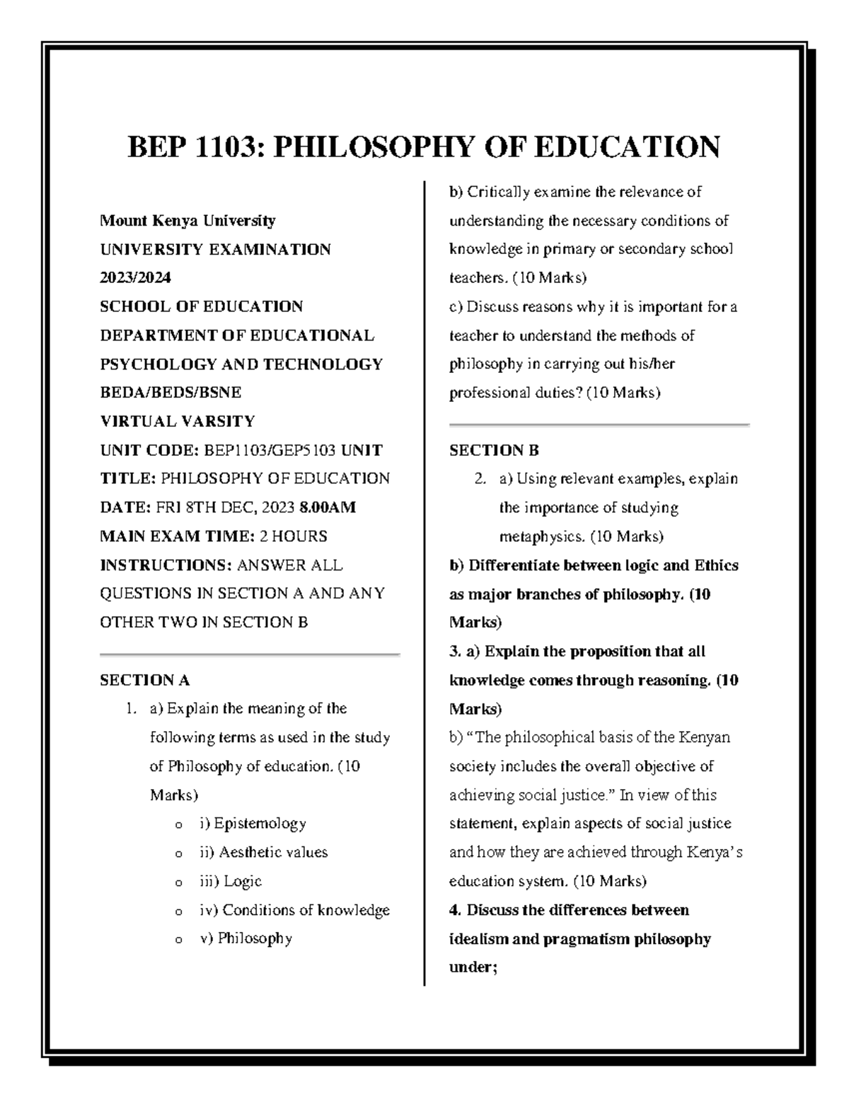 BEP 1103: PHILOSOPHY OF EDUCATION - Comprehensive Revision Notes for Final Exam - Document Preview