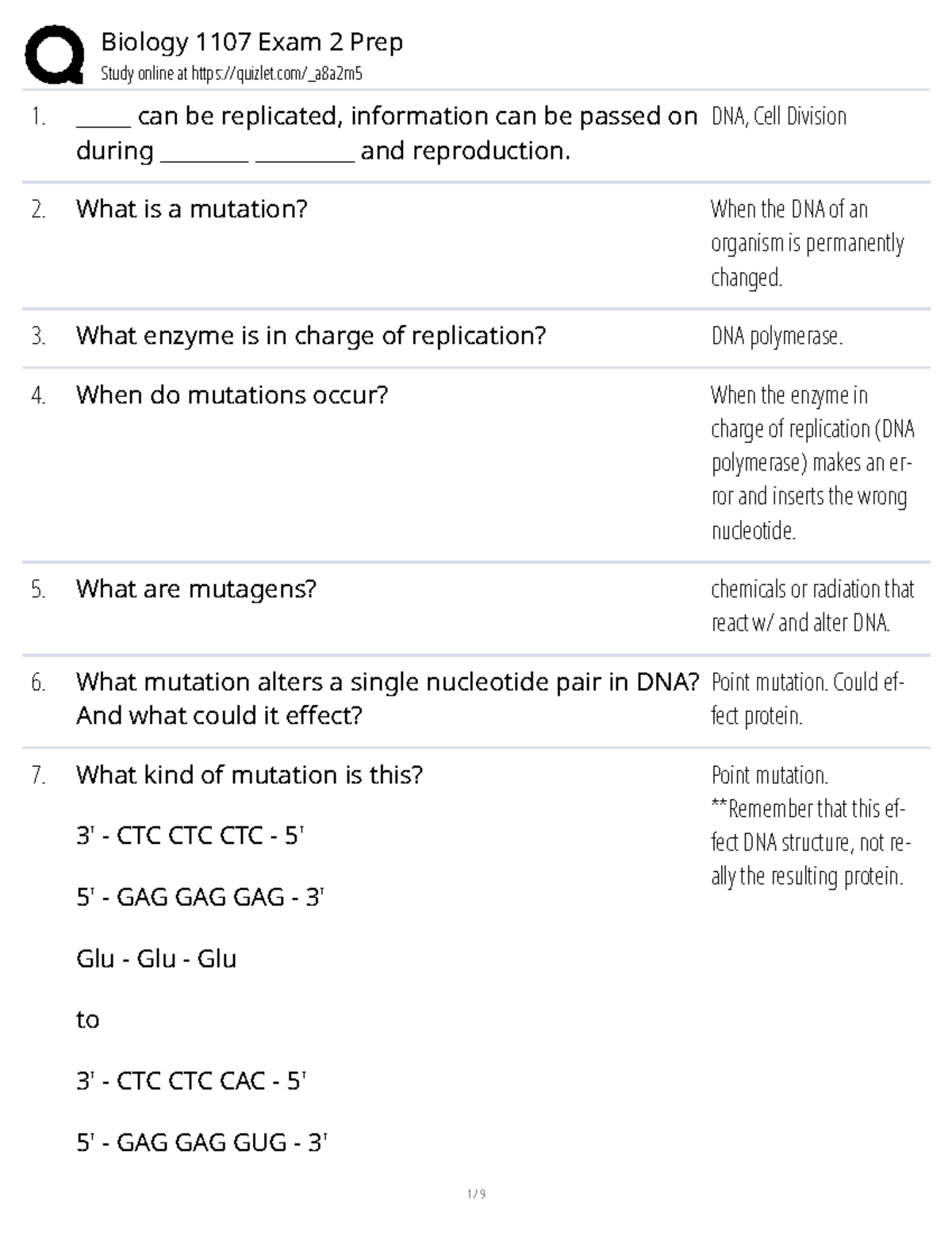 Biology 1107 Exam 2 Study Guide: DNA Replication & Mutations - Studocu