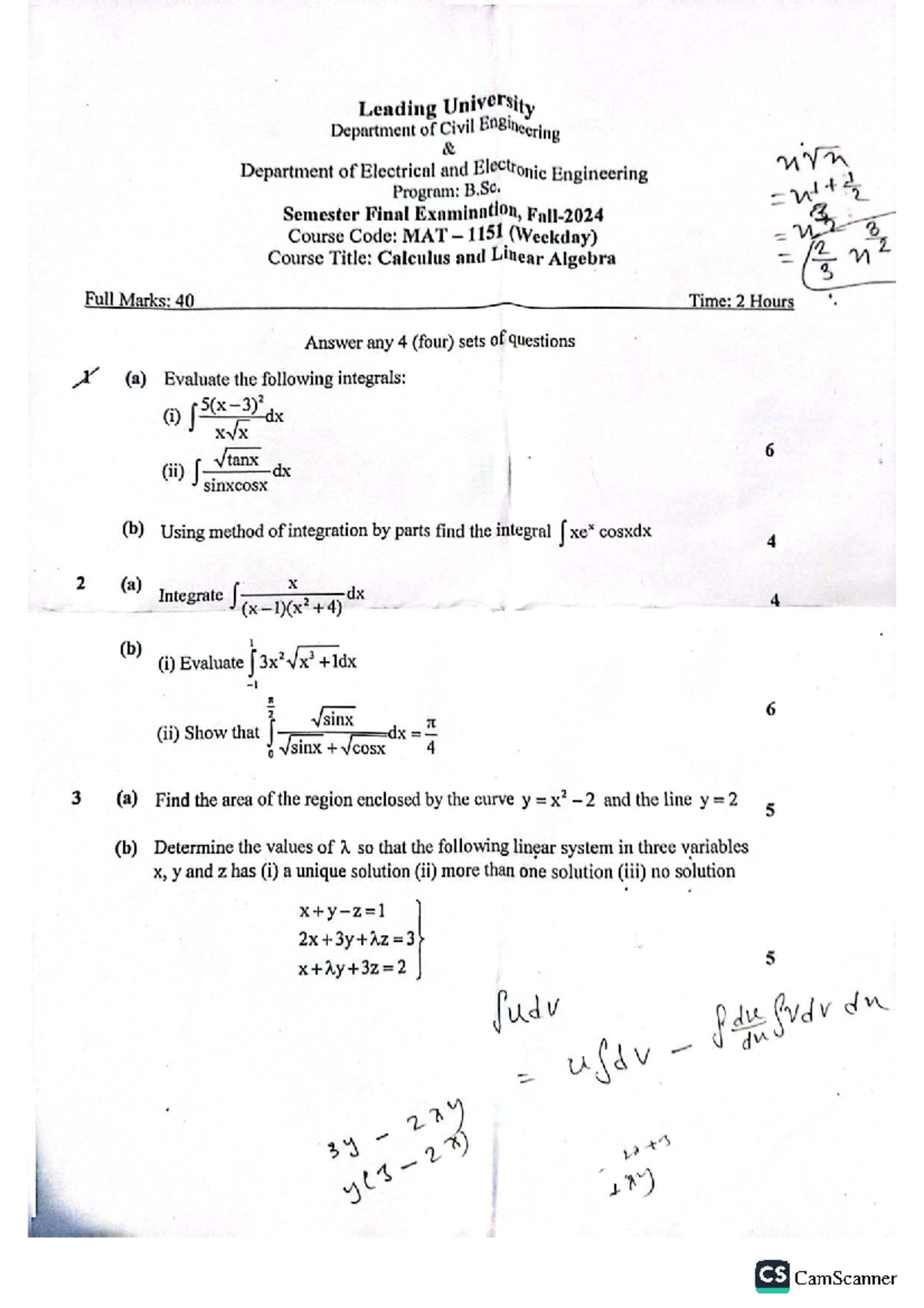 Midterm Questions for Calculus and Linear Algebra (Course Code: 1171 ...