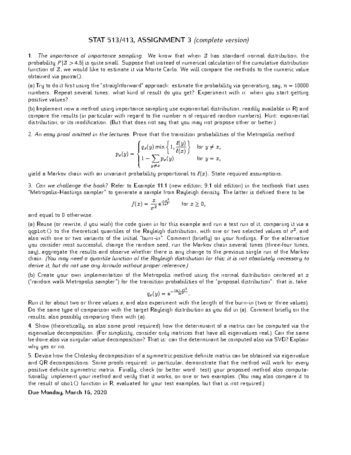 STAT 513/413: Assignment 3 - Importance Sampling & Metropolis Method ...