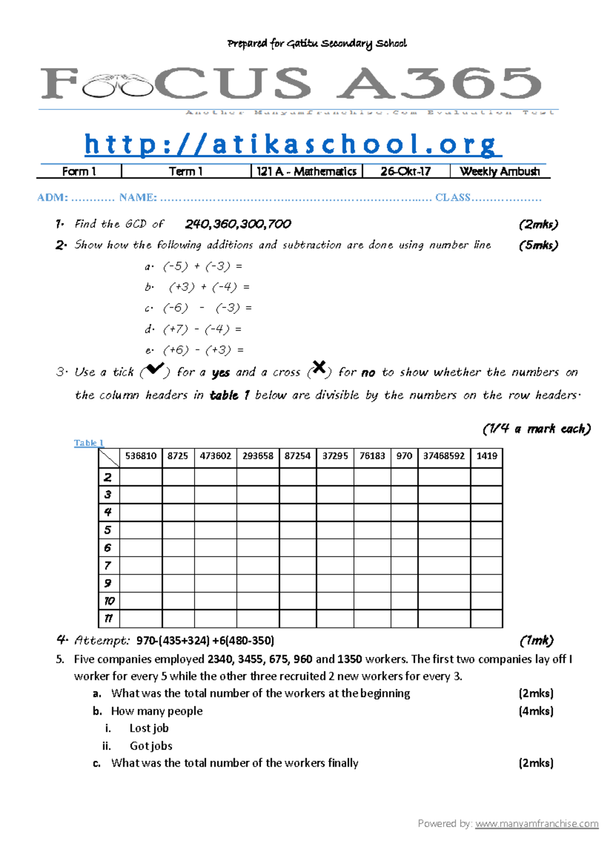 Mathematics Form 1 Term 1 - Weekly Exercises and Questions 001 - Studocu