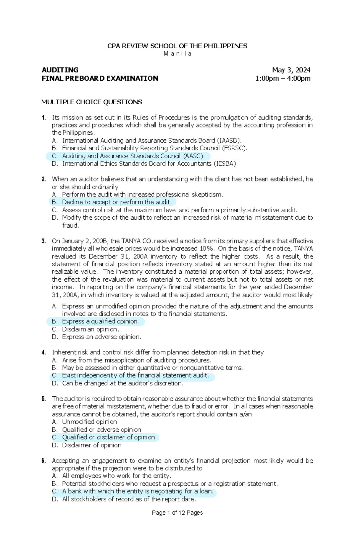 CPAR 95 AUD Final Exam Preboard Q&A - Sample Questions May 2024 - Studocu