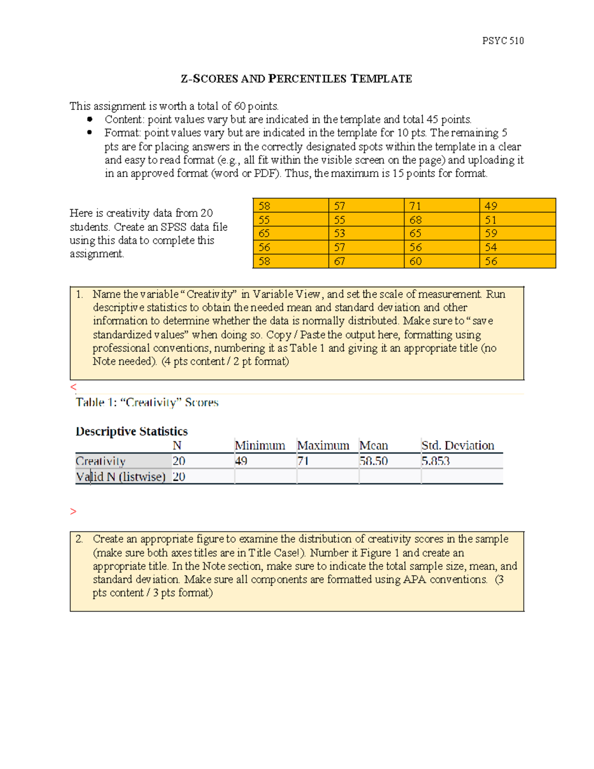 PSYC 510 Assignment: Z Scores and Percentiles Analysis Template - Studocu